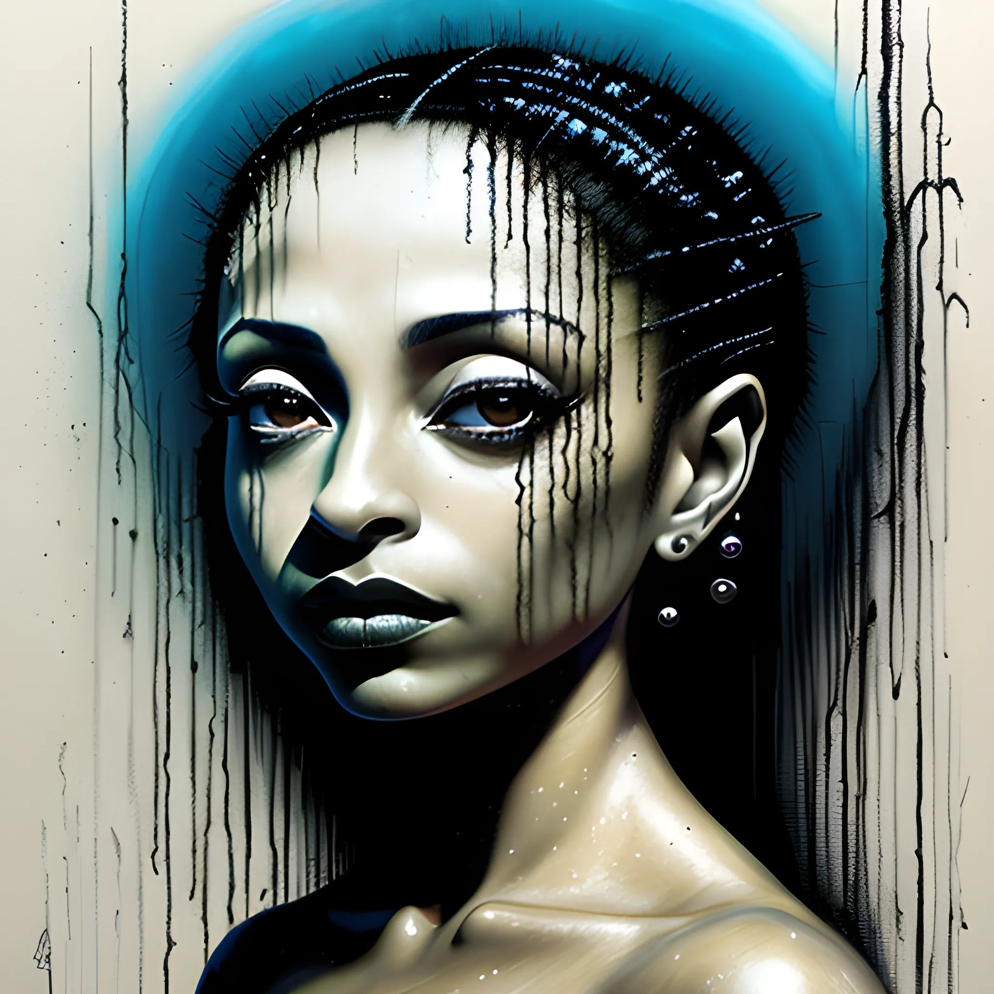  Masterpiece, scenic; Sade Adu; neon spray paint, acrylic paint, fantastical surrealist world, in the style of Stephen Gammell and Shawn Coss, extremely detailed, sick, gothic, eldritch