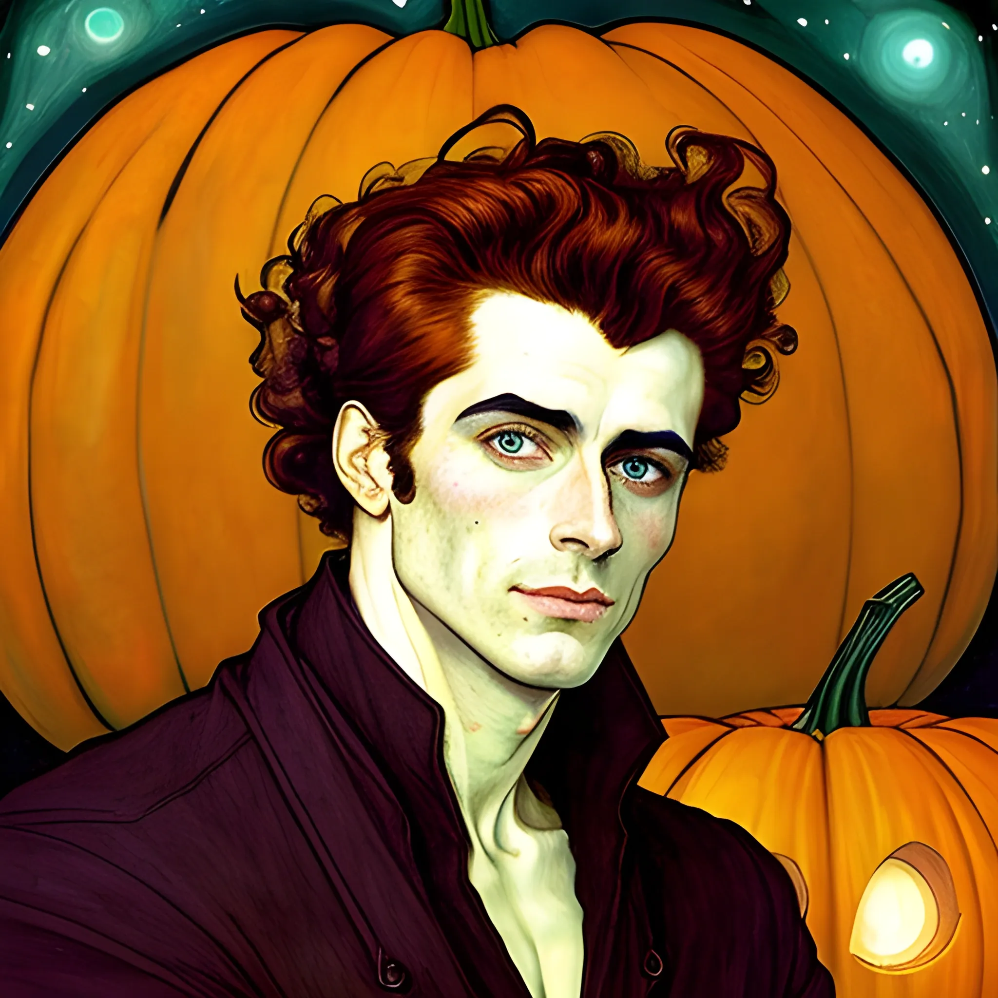 Painting of a handsome young delicate beautiful softly freckled man in his 20s with green eyes and long, curly red hair, at the giant jack o'lantern halloween party; pumpkins, perfect purple pumpkins, green skulls, orange bats, magic, candles, neon spray paint, acrylic paint, fantastical, elegant, stylized art, under a painted nebula sky, full moon; bats, pumpkins, spooky ambiance, Halloween Night art by alphonse mucha, vincent van gogh, egon schiele