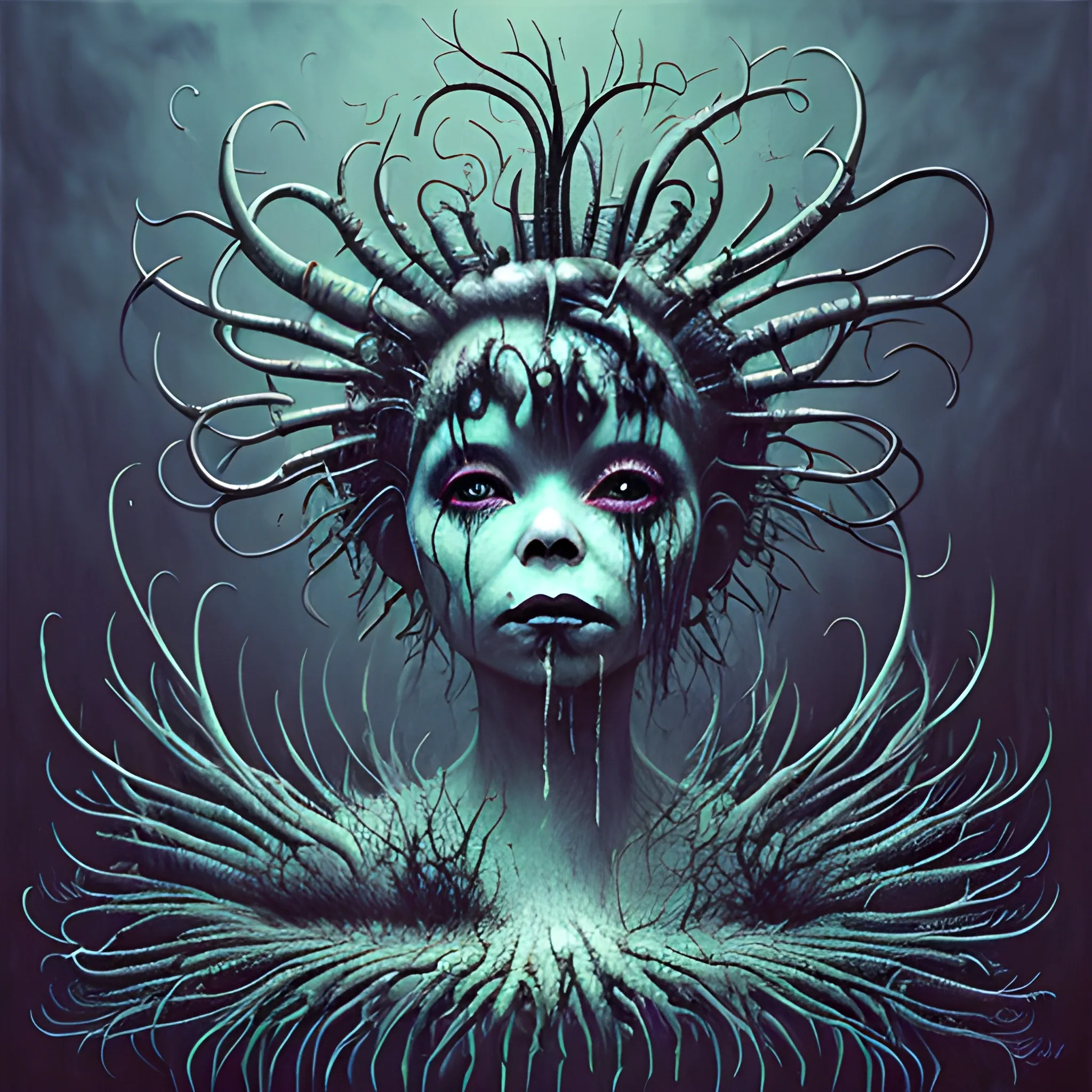  Masterpiece, scenic; Bjork; neon spray paint, acrylic paint, fantastical surrealist world, in the style of Stephen Gammell and Shawn Coss, extremely detailed, sick, gothic, eldritch