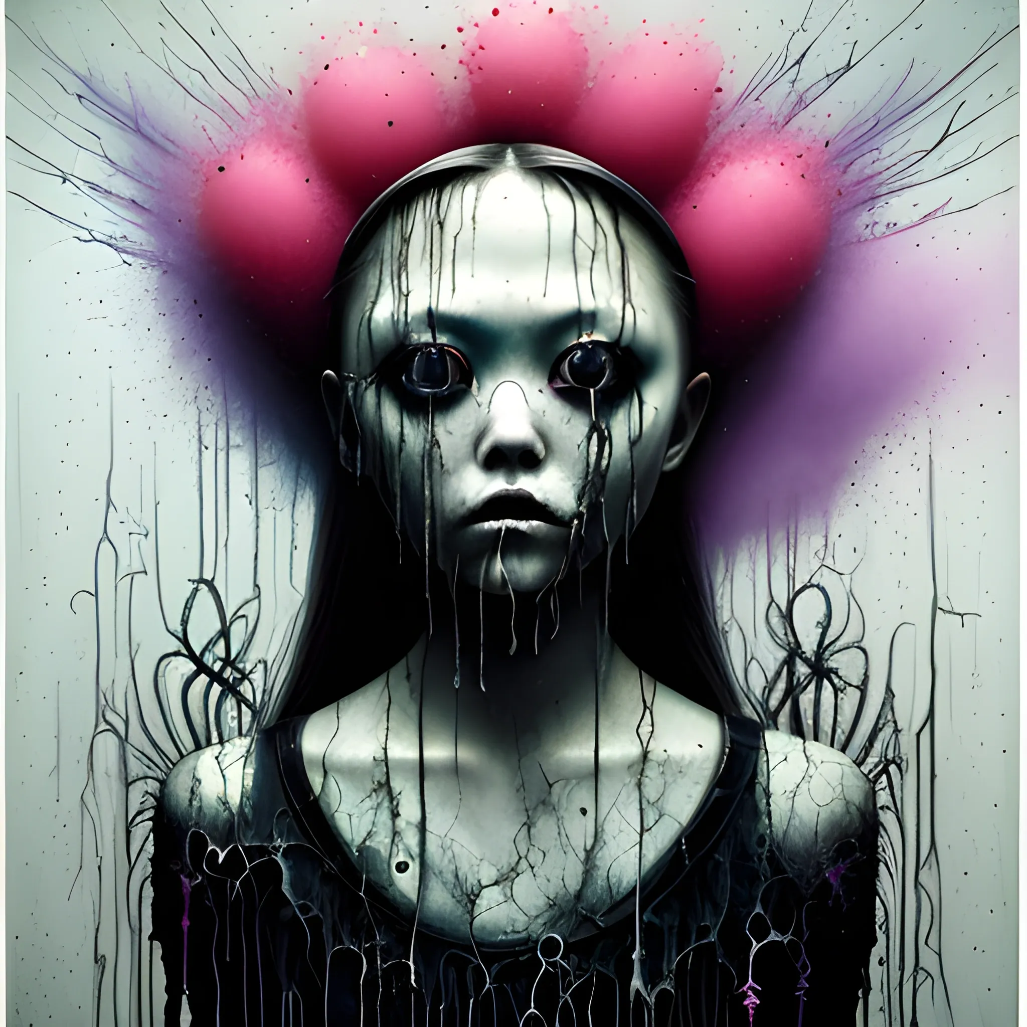  Masterpiece, scenic; Devon Aoki; neon spray paint, acrylic paint, fantastical surrealist world, in the style of Stephen Gammell and Shawn Coss, extremely detailed, sick, gothic, eldritch