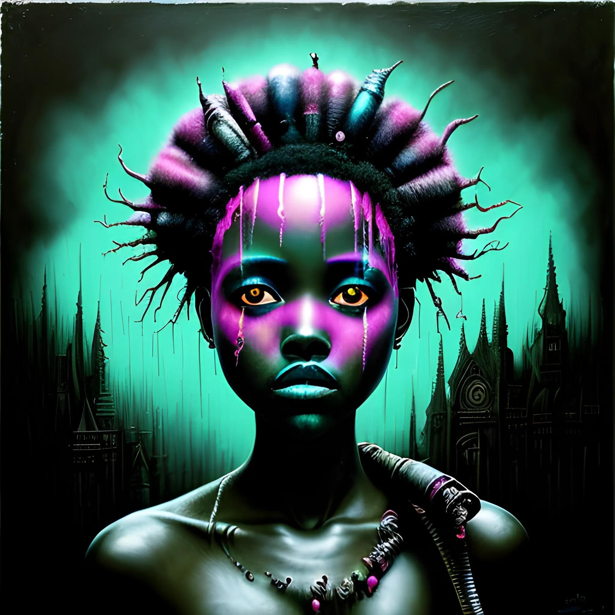  Masterpiece, scenic; Lupita Nyong'o; neon spray paint, acrylic paint, fantastical surrealist world, in the style of Stephen Gammell and Shawn Coss, extremely detailed, sick, gothic, eldritch