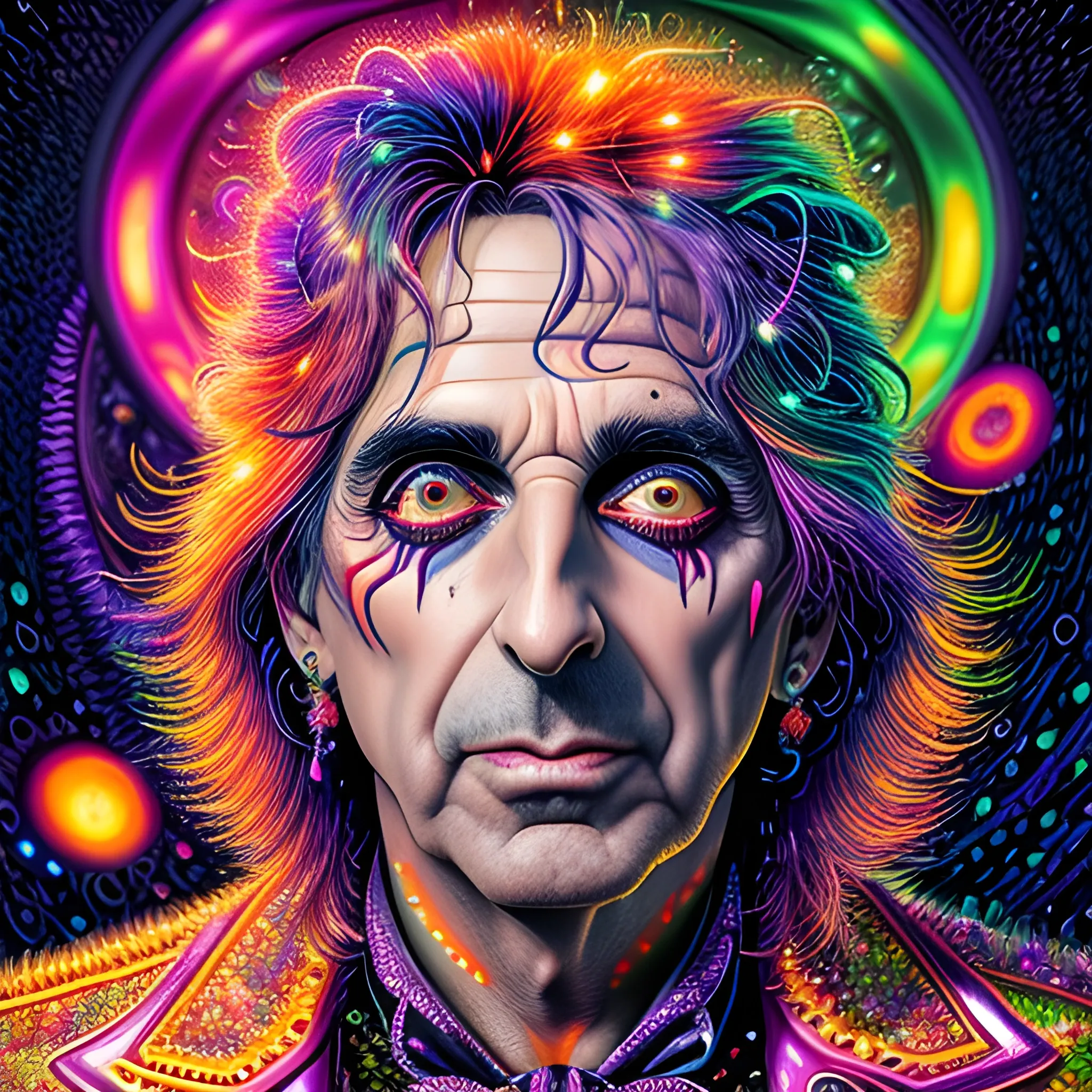 hyperdetailed oil on canvas, Alice Cooper, his handsome perfect, precisely detailed face, orange, pink, purple, luminous colorful sparkles, by James R. Eads, Gawki, rajewel, Tania Rivilis, Dan Mumford, glitter, airbrush, Octane Render, elegant, volumetric lighting, 16k