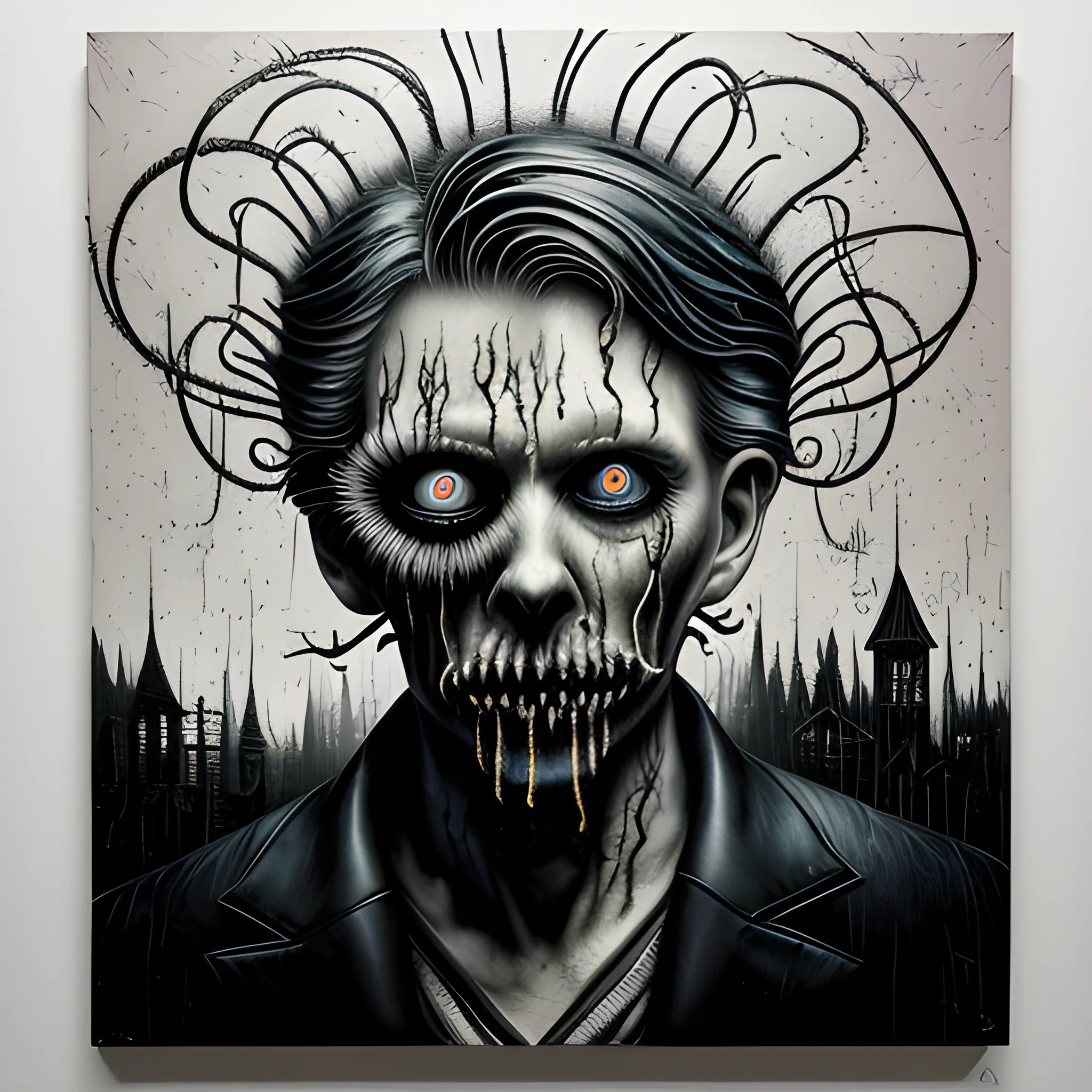  Masterpiece, scenic; Courtney Gains; neon spray paint, acrylic paint, fantastical surrealist world, in the style of Stephen Gammell and Shawn Coss, extremely detailed, sick, gothic, eldritch