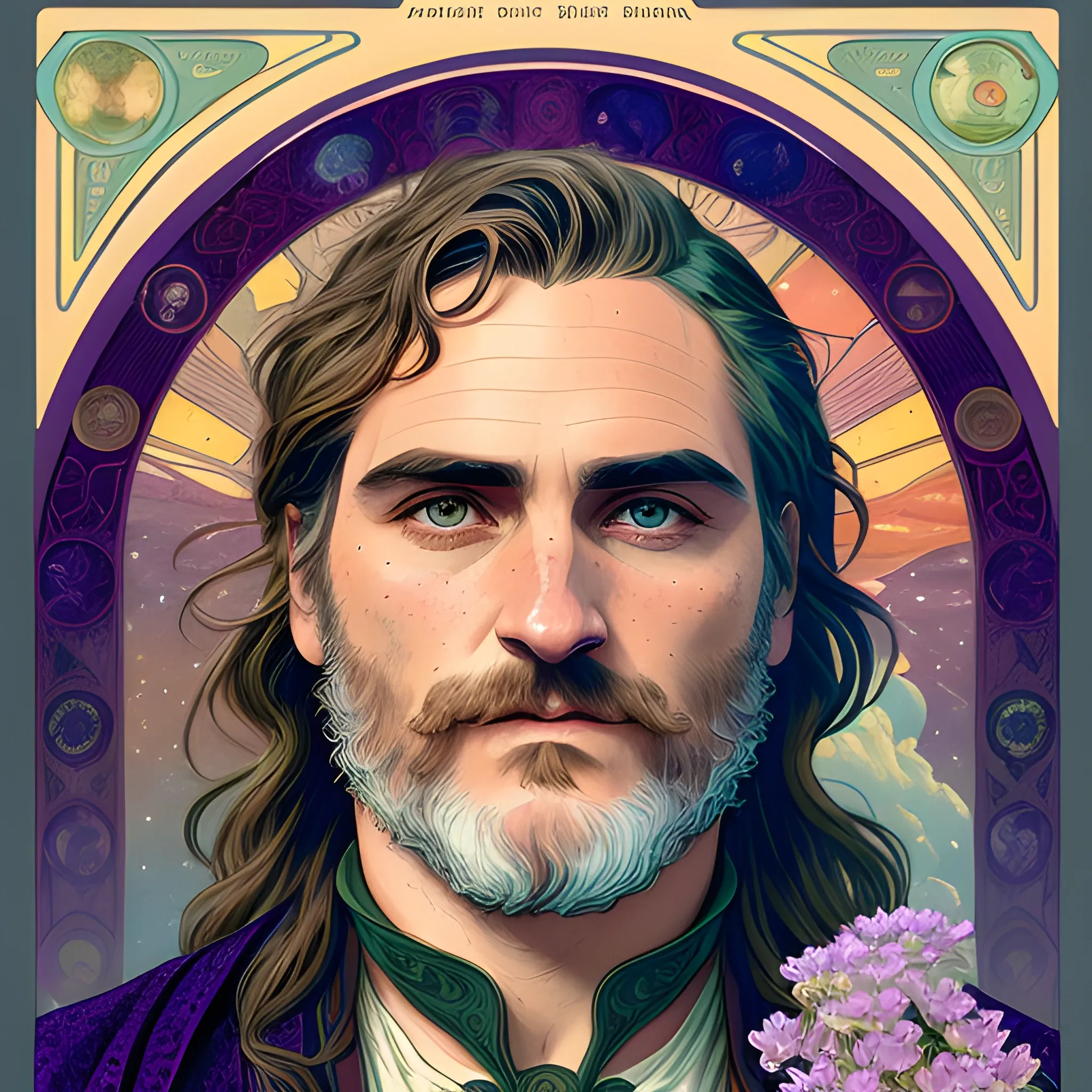 Joaquin Phoenix, his highly detailed, softly freckled handsome face, his clean, clear lavender-green eyes, meticulously detailed, multi-hued, long dark hair; hippie, fullmoon in a nebula sky, clouds; fantasy, Vintage Art, 8k resolution art Nouveau poster; Alphonse Mucha, Artgerm, WLOP, Illustration intricately detailed, trending on Artstation, Renaissance, triadic colors, Chromolithography Soft Shading