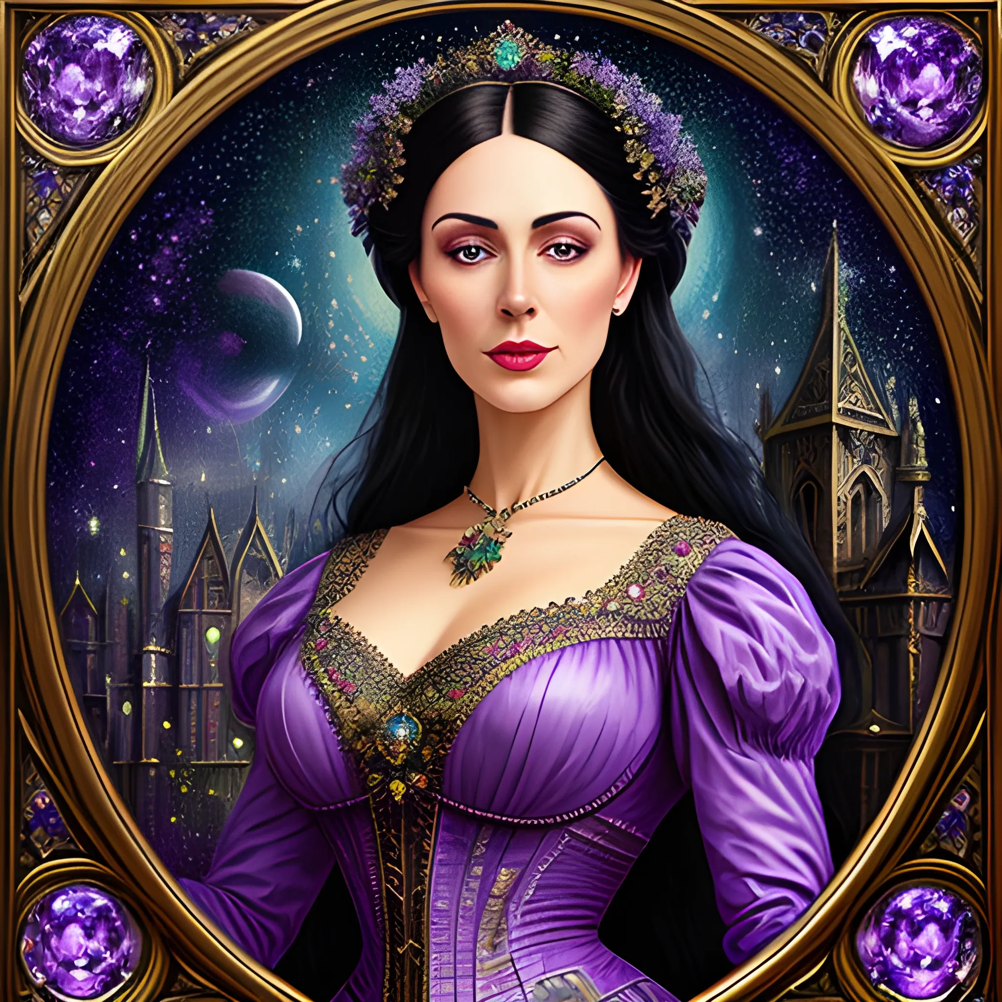 Lilac Princess, beautiful woman wears a lavender sequined dress. She has long, sleek black hair, and stands in front of lilac bushes. Her features are symmetrical, lovely, and anatomically correct. She wears amethyst jewelry. Lips are soft, in a slight smile; behind her a cityscape, and full smooth moon in a nebula sky, clouds; fantasy, Vintage Art, 16k resolution, intricately detailed, Renaissance, Chromolithography Soft Shading; ethereal fantasy, realistic oil painting. Victorian era, glitter, old fashioned, vintage, antique, renaissance, gothic, eldritch, highly intricate, sophisticated and complex digital painting, concept art, hyperrealism, Cinema 4D, 8k resolution, 64 megapixels, CGSociety, ZBrushCentral, behance HD, hypermaximalist, parallax
