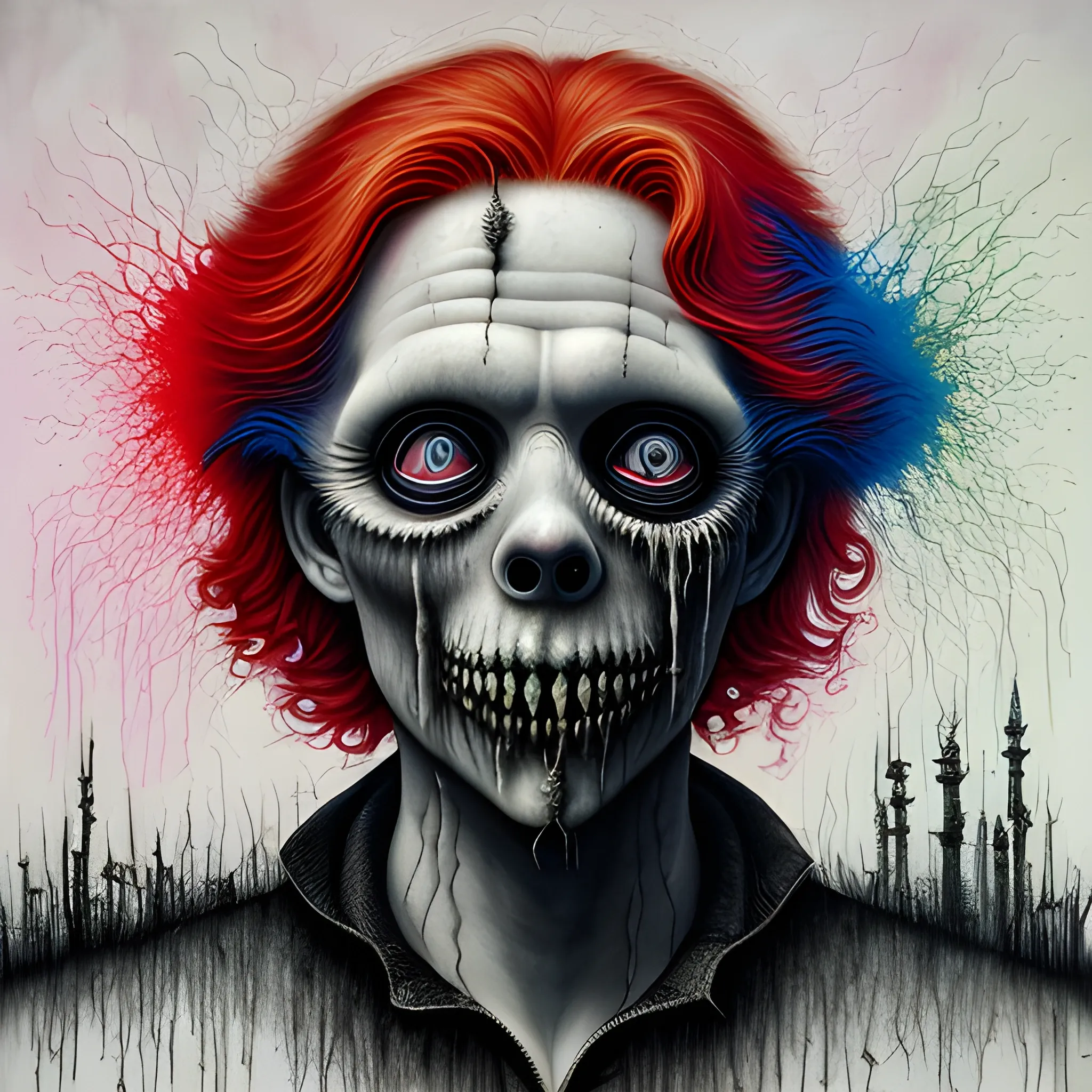  Masterpiece, scenic; redhead Courtney Gains; neon spray paint, acrylic paint, fantastical surrealist world, in the style of Stephen Gammell and Shawn Coss, extremely detailed, sick, gothic, eldritch; macabre, extreme color