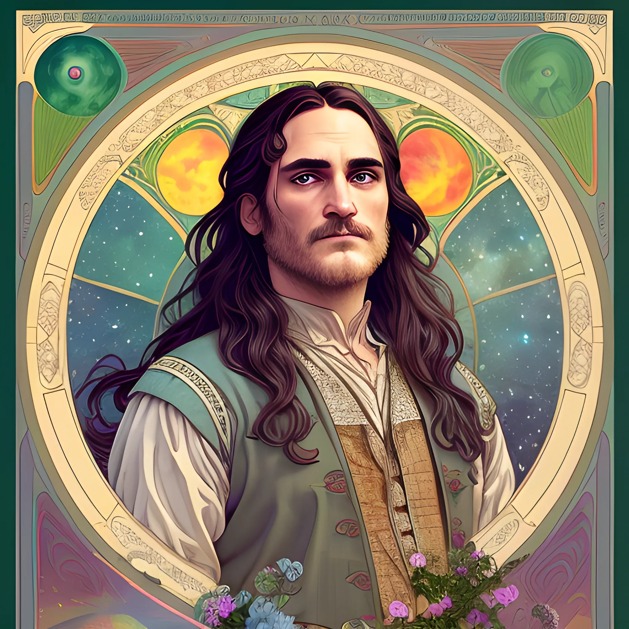 Joaquin Phoenix, his highly detailed, softly freckled handsome face, his clean, clear lavender-green eyes, meticulously detailed, multi-hued, long dark hair; hippie, fullmoon in a nebula sky, clouds; fantasy, Vintage Art, 8k resolution art Nouveau poster; Alphonse Mucha, Artgerm, WLOP, Illustration intricately detailed, trending on Artstation, Renaissance, triadic colors, Chromolithography Soft Shading