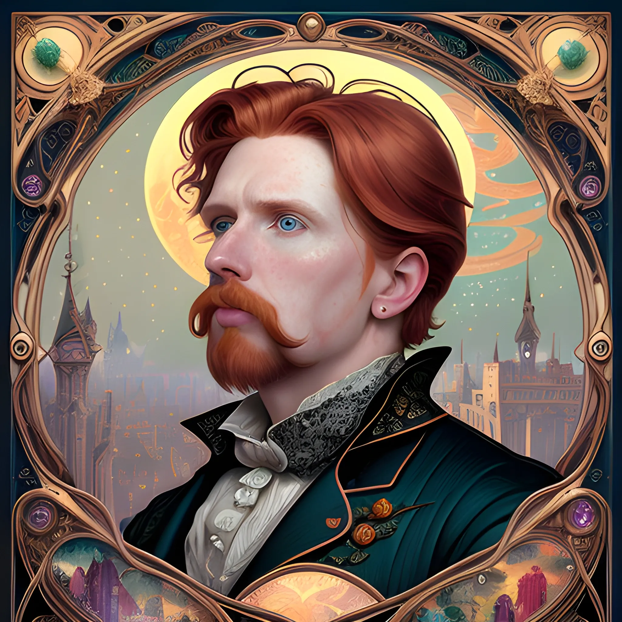 finely detailed eyes, male actor Courtney Gains, the man's hyperdetailed, softly freckled face, his clean, clear, detailed green eyes, meticulously detailed, multi-hued, long red hair; cityscape, full smooth moon in a nebula sky, clouds; fantasy, Vintage Art, 16k resolution art Nouveau poster; Alphonse Mucha, WLOP, Illustration intricately detailed, Renaissance, Chromolithography Soft Shading; ethereal fantasy maximalist matte painting. Catherine Abel, and James R. Eads, realistic oil painting. Victorian era, glitter, old fashioned, vintage, antique, renaissance, gothic, eldritch, highly intricate, sophisticated and complex digital painting, concept art, hyperrealism, Cinema 4D, 8k resolution, 64 megapixels, CGSociety, ZBrushCentral, behance HD, hypermaximalist, male, man