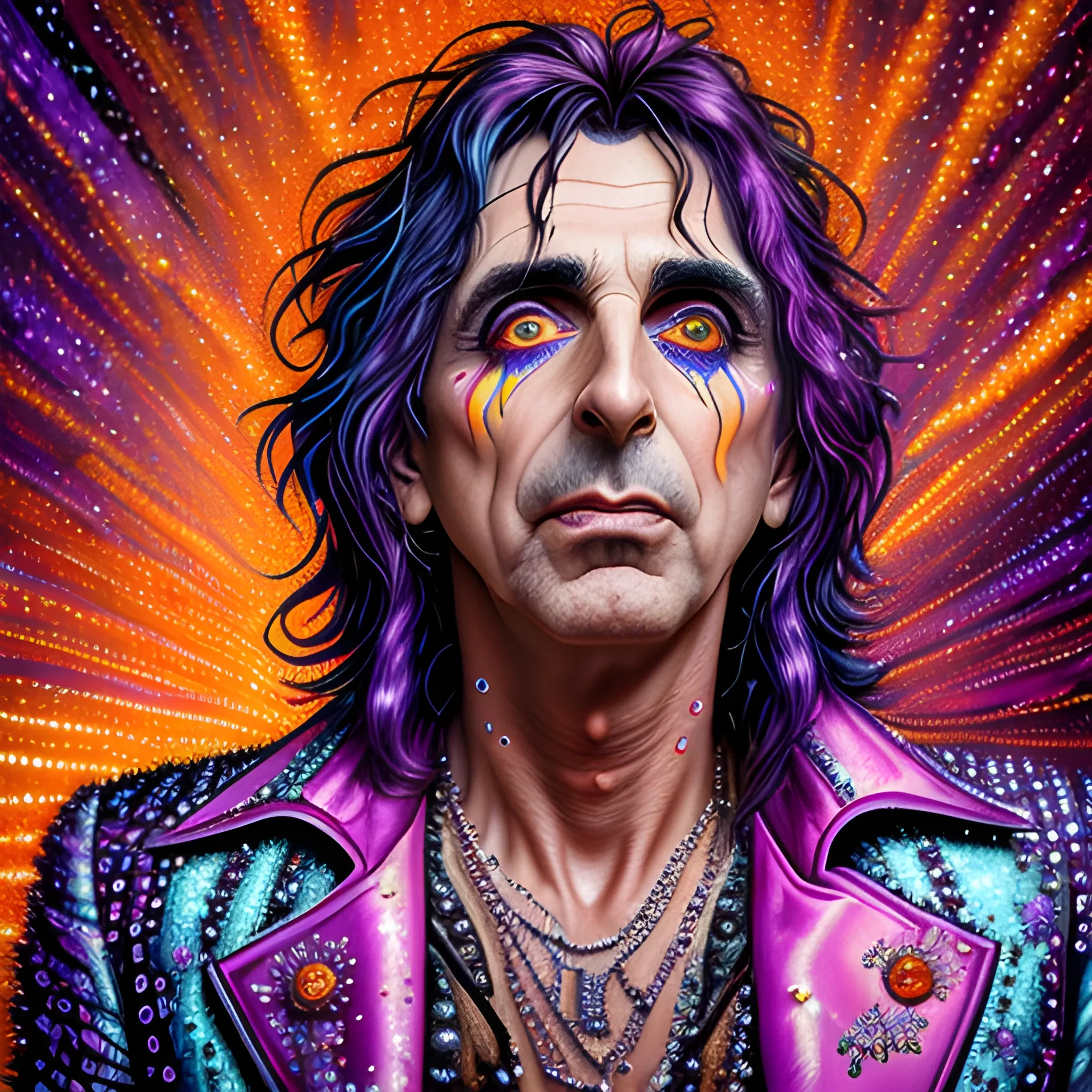 hyperdetailed oil on canvas, Alice Cooper, his handsome perfect, precisely detailed face, orange, pink, purple, luminous colorful sparkles, by James R. Eads, Gawki, rajewel, Tania Rivilis, Dan Mumford, glitter, airbrush, Octane Render, elegant, volumetric lighting, 16k