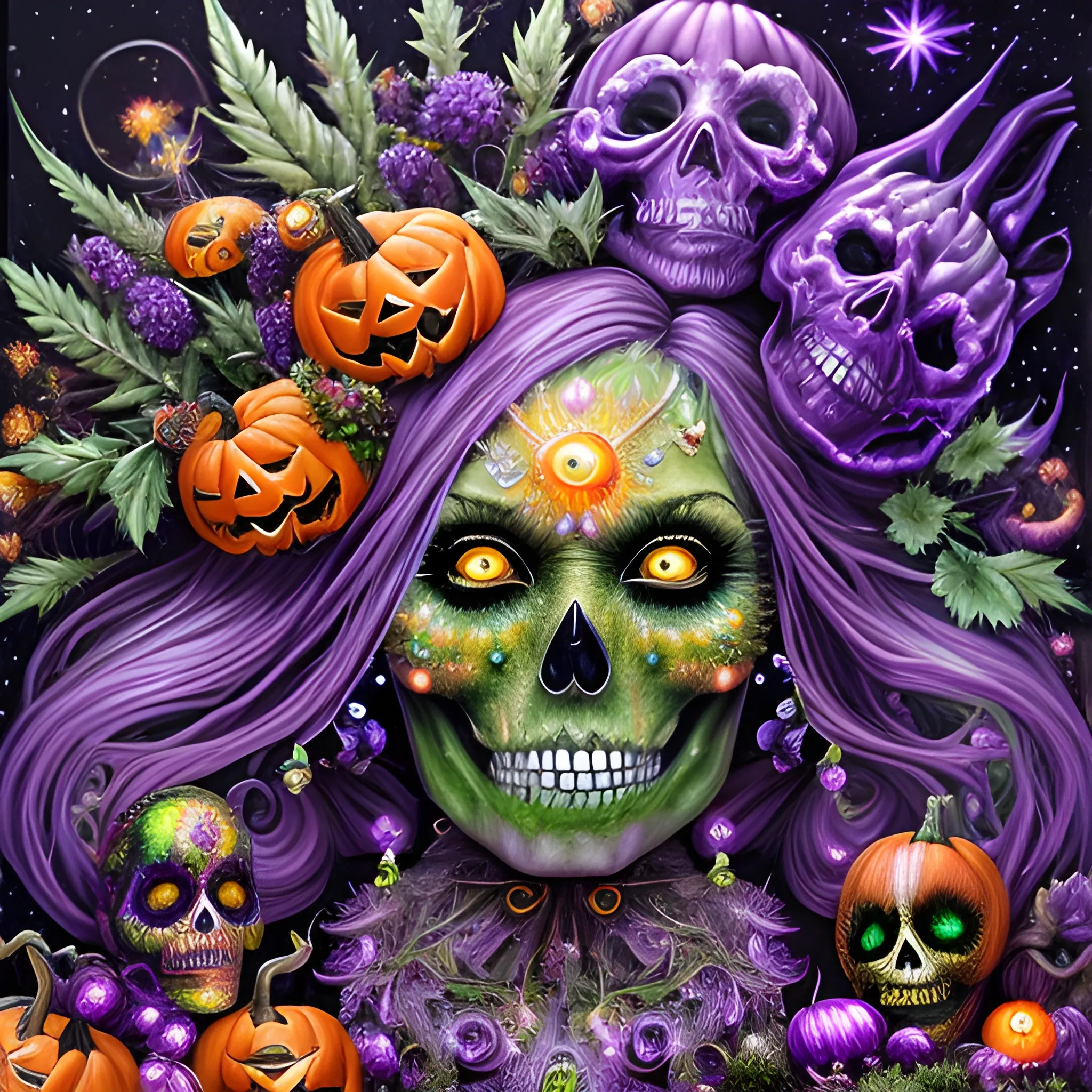  hyperdetailed oil on canvas, a beautiful Halloween Witch, detailed face; orange, green, purple, sparkle fairy dust, glitter, neon grape purple pumpkins, green skulls, orange bats, meticulously detailed; magic, surrounded by luminous color sparkles and marijuana plants, outdoors, starry night, full moon in a psychedelic nebula sky