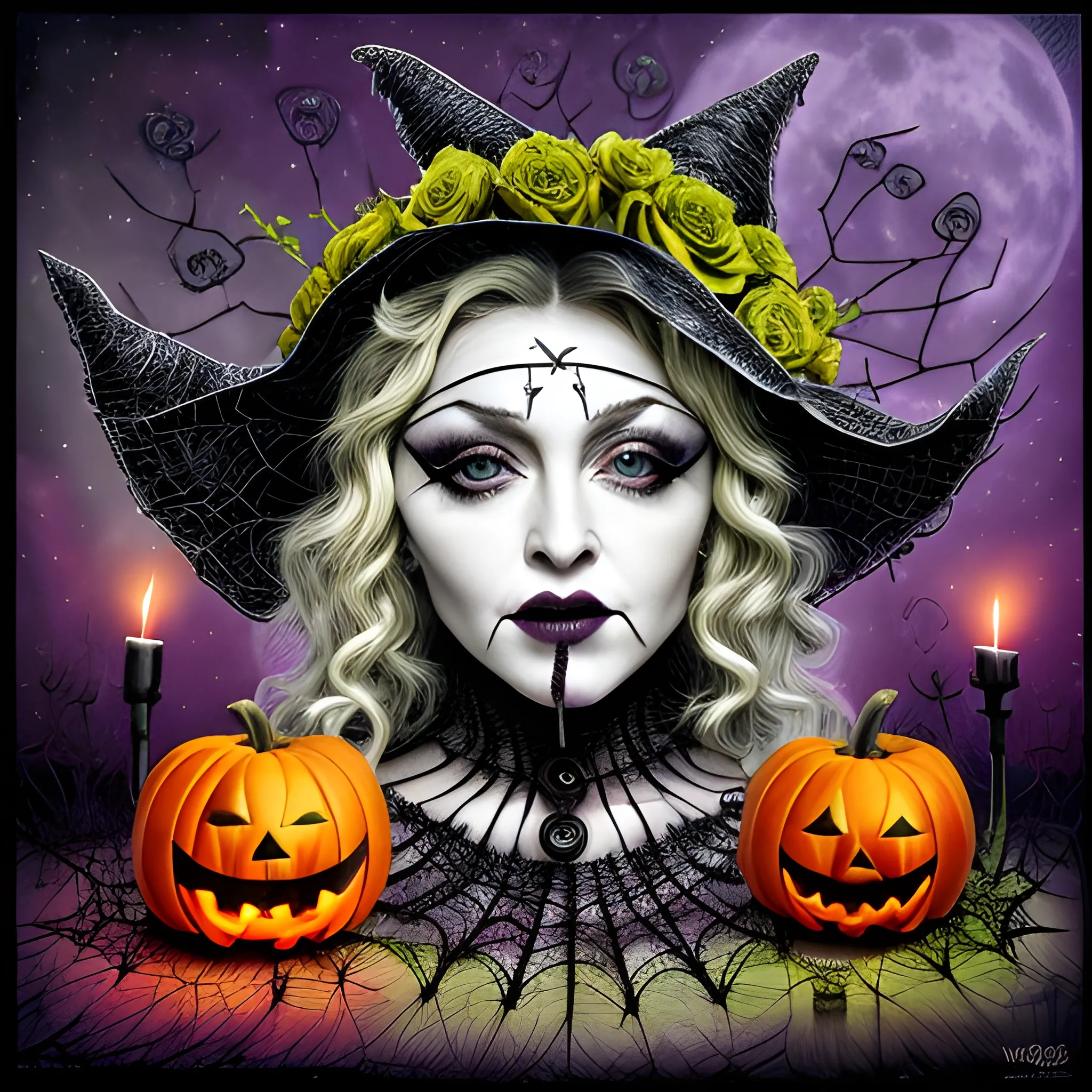 Madonna as a Halloween Witch, wearing a thorny witch hat adorned with thorns and black roses; Halloween, bats, full moon in a nebula sky, neon spray paint, acrylic paint, fantastical surrealist world, in the style of Stephen Gammell, extremely detailed Zentangle style, sick, gothic, eldritch, candles, neon grape purple, dayglo orange, chartreuse green, Halloween