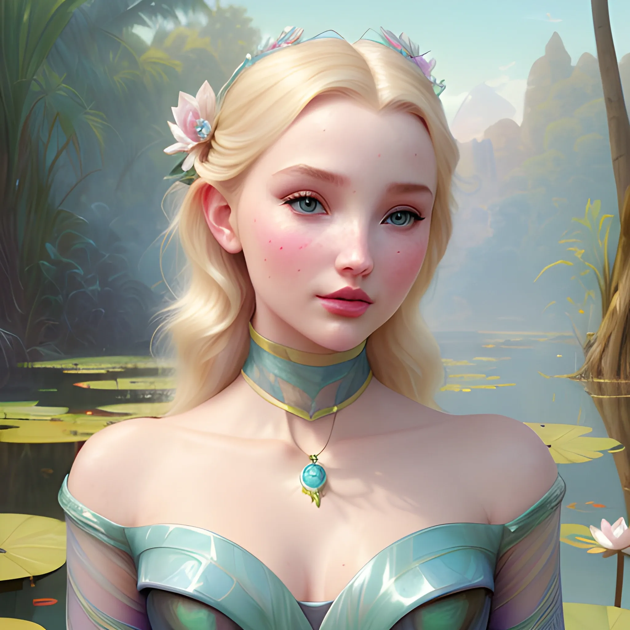 Elsa Hosk / Dove Cameron face morph; beautiful twins at a lotus pond; highly detailed beautiful faces; glitter, renaissance; high contrast, pastel, sorbet, pearlescent, Unreal Engine 5; by Dan Parent, Alphonse Mucha, Artgerm, WLOP, intricately detailed, fantasy, bizarre, beautiful, Chromolithography, Soft Shading, Unreal Engine; digital painting, smooth, sharp focus, illustration, art by lisa frank, Steve Goad, Frank Frazetta, William-Adolphe Bouguereau, Unreal Engine 5, Cartoon, 3D, Oil Painting