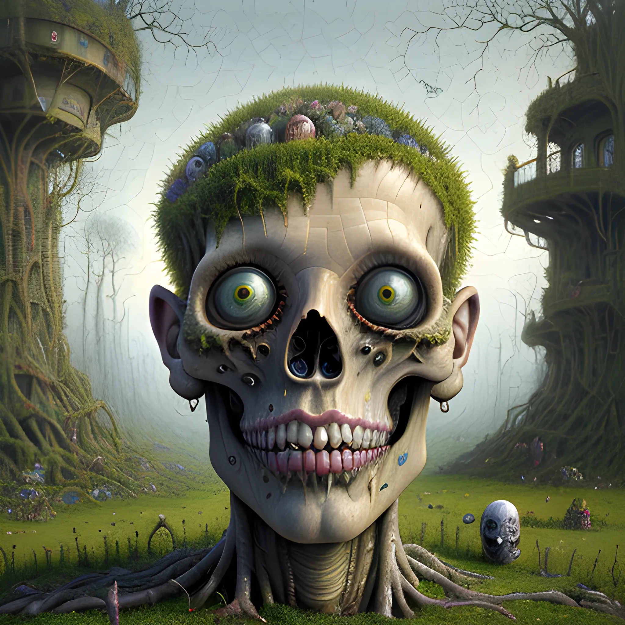 A hyperreal oil painting of a decayed zombie head, bulging eyes, rotten green skin, grey beard, blue veins, moss ivy hair skull, octane render; gediminas pranckevicius, volumetric light 2, laurie lipton, minarets, fantasy, high definition, acrylic art, intricately detailed, Jacek Yerka, Peter Gric, Hundertwasser