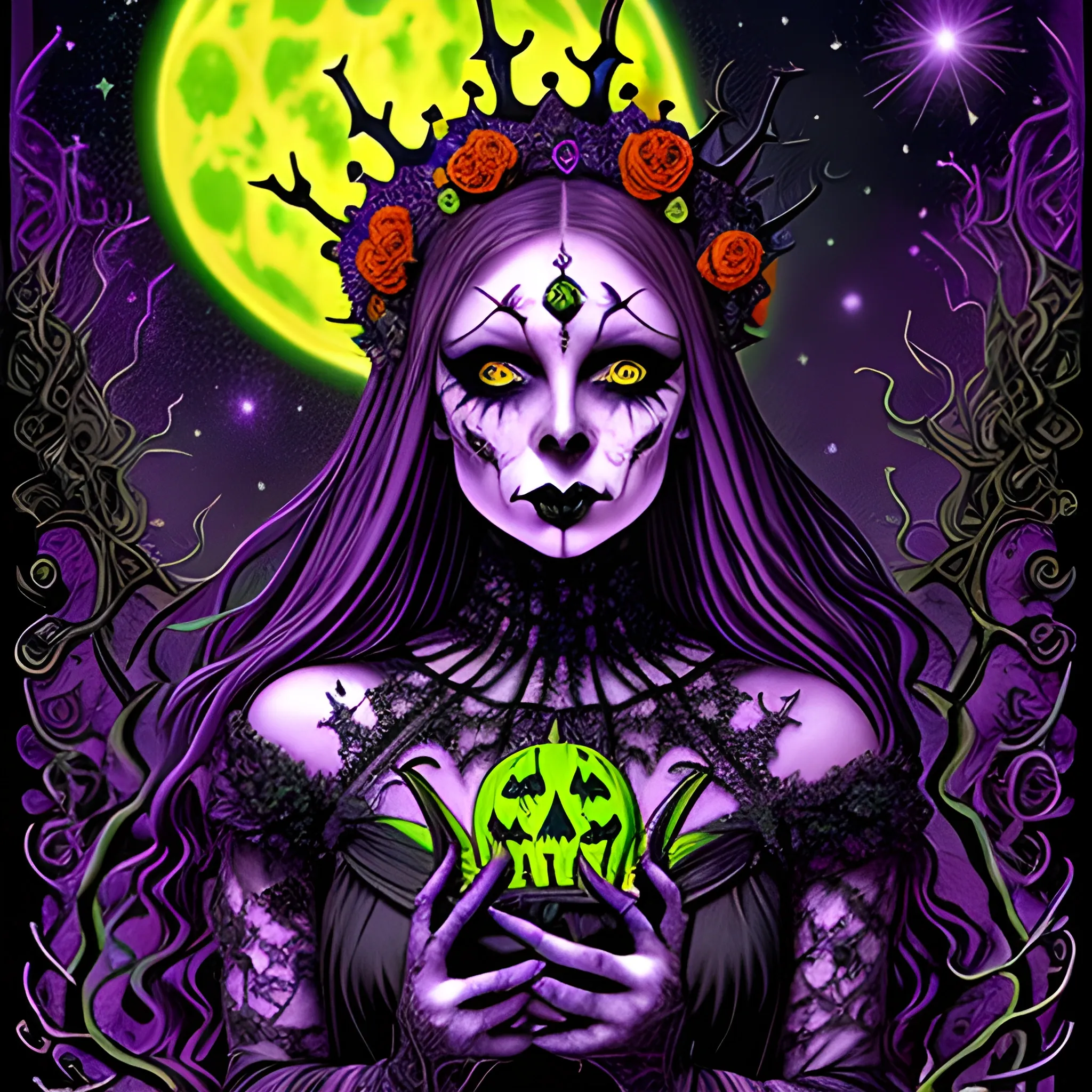 a woman wearing a thorny crown of black roses and weeping black tears, Halloween, bats, full moon in a nebula sky; perfect purple pumpkins, green skulls, orange bats, magic, candles, cobweb, spider, neon spray paint, acrylic paint, fantastical surrealist world, in the style of Stephen Gammell, extremely detailed Zentangle style, sick, gothic, eldritch, glitter, luminous color sparkles, dayglo orange, neon grape purple, chartreuse green, Halloween; Nyx Goddess of the Night with a crescent moon and many stars in the style of Maxfield Parrish, starry night, James R. Eads