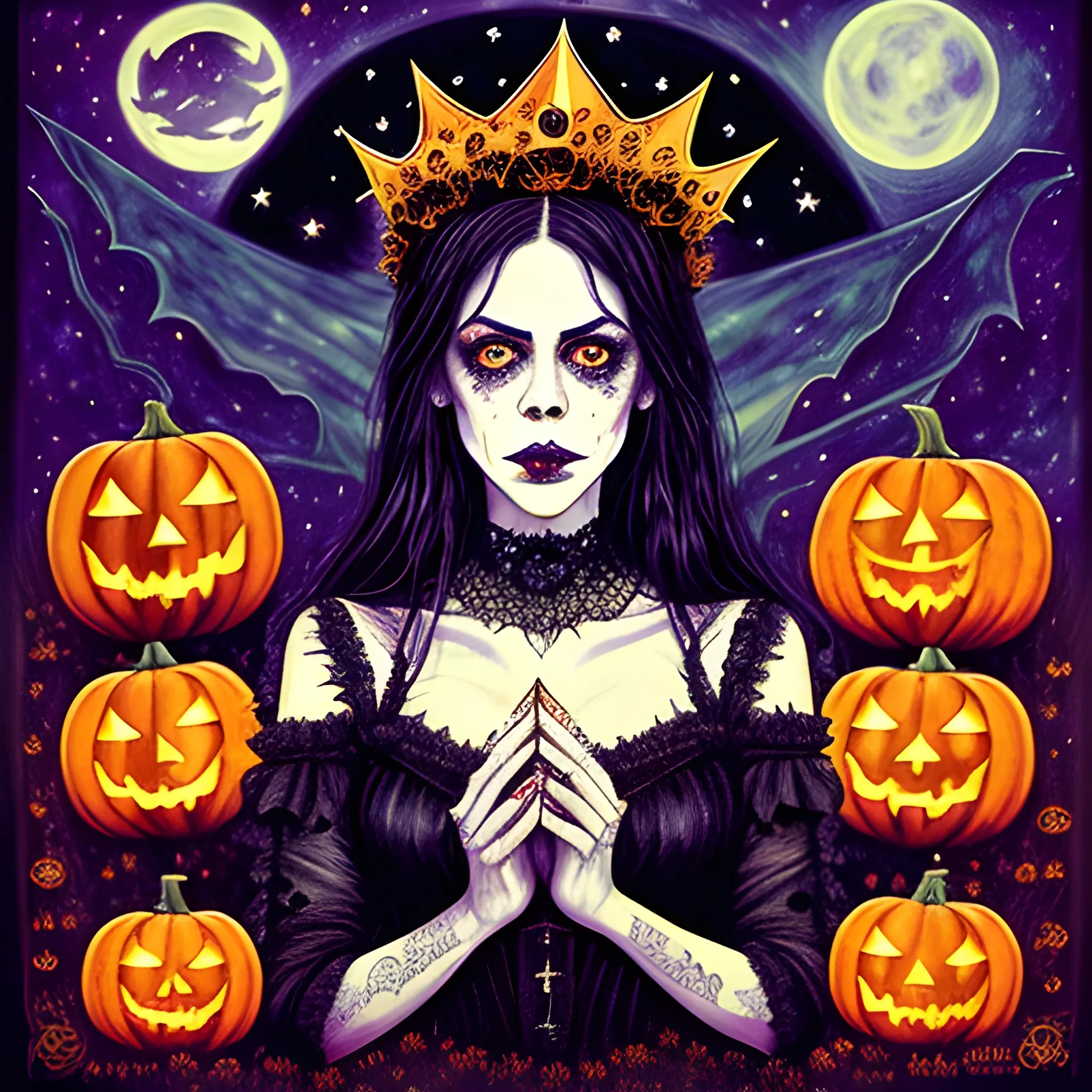 finely detailed eyes, Fairuza Balk as a Halloween Witch with an ornate Halloween themed crown, mixed media, complimentary color, the starry night background, pumpkins, bats, full moon under a nebula sky; in the art style of Kaethe Butcher, Pierre-Auguste Renoir. beautiful lights, luminous color sparkles, glitter, effulgent light