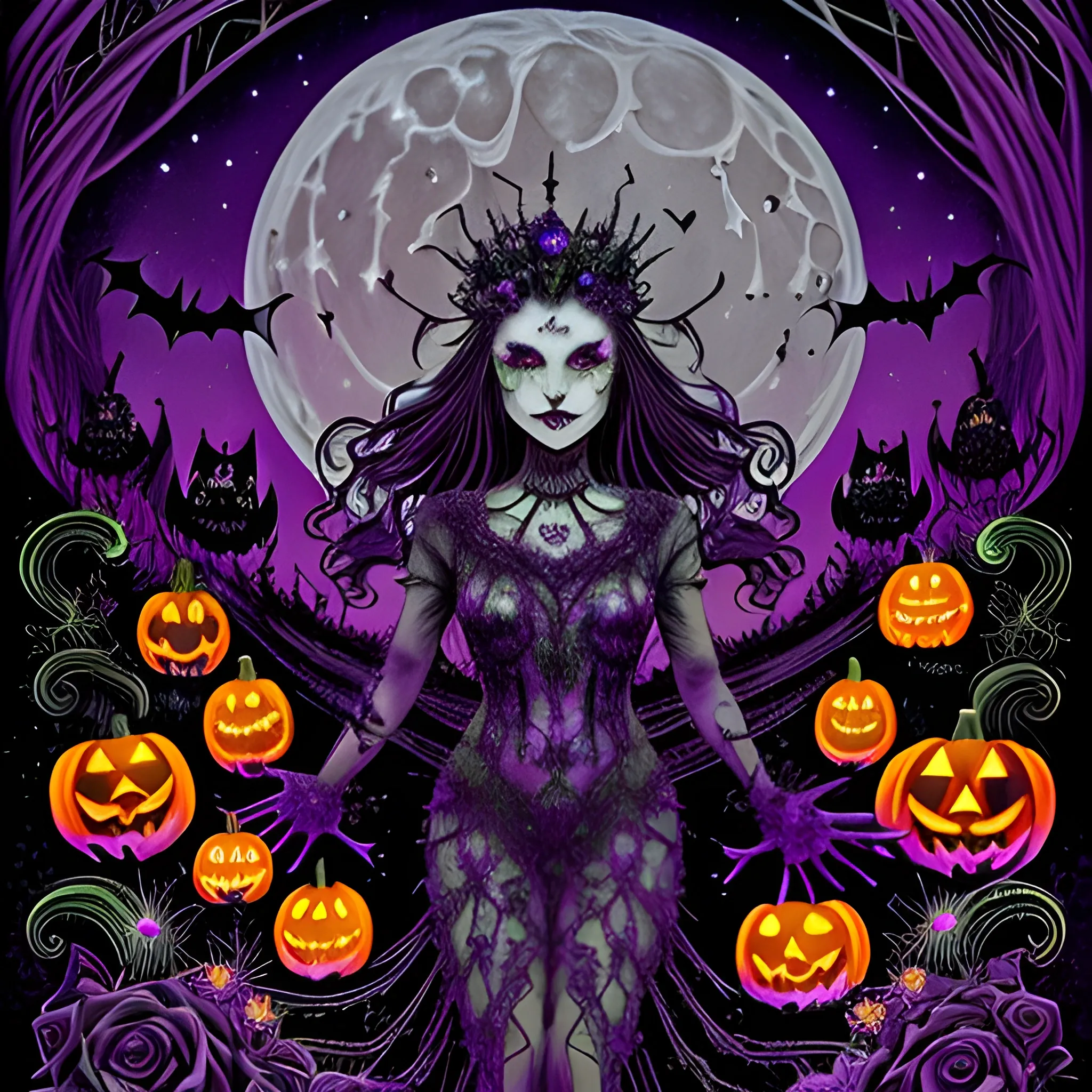 a woman wearing a thorny crown of black roses and weeping black tears, Halloween, bats, full moon in a nebula sky; perfect purple pumpkins, green skulls, orange bats, magic, candles, cobweb, spider, neon spray paint, acrylic paint, fantastical surrealist world, in the style of Stephen Gammell, extremely detailed Zentangle style, sick, gothic, eldritch, glitter, luminous color sparkles, dayglo orange, neon grape purple, chartreuse green, Halloween; Nyx Goddess of the Night with a crescent moon and many stars in the style of Maxfield Parrish, starry night, James R. Eads