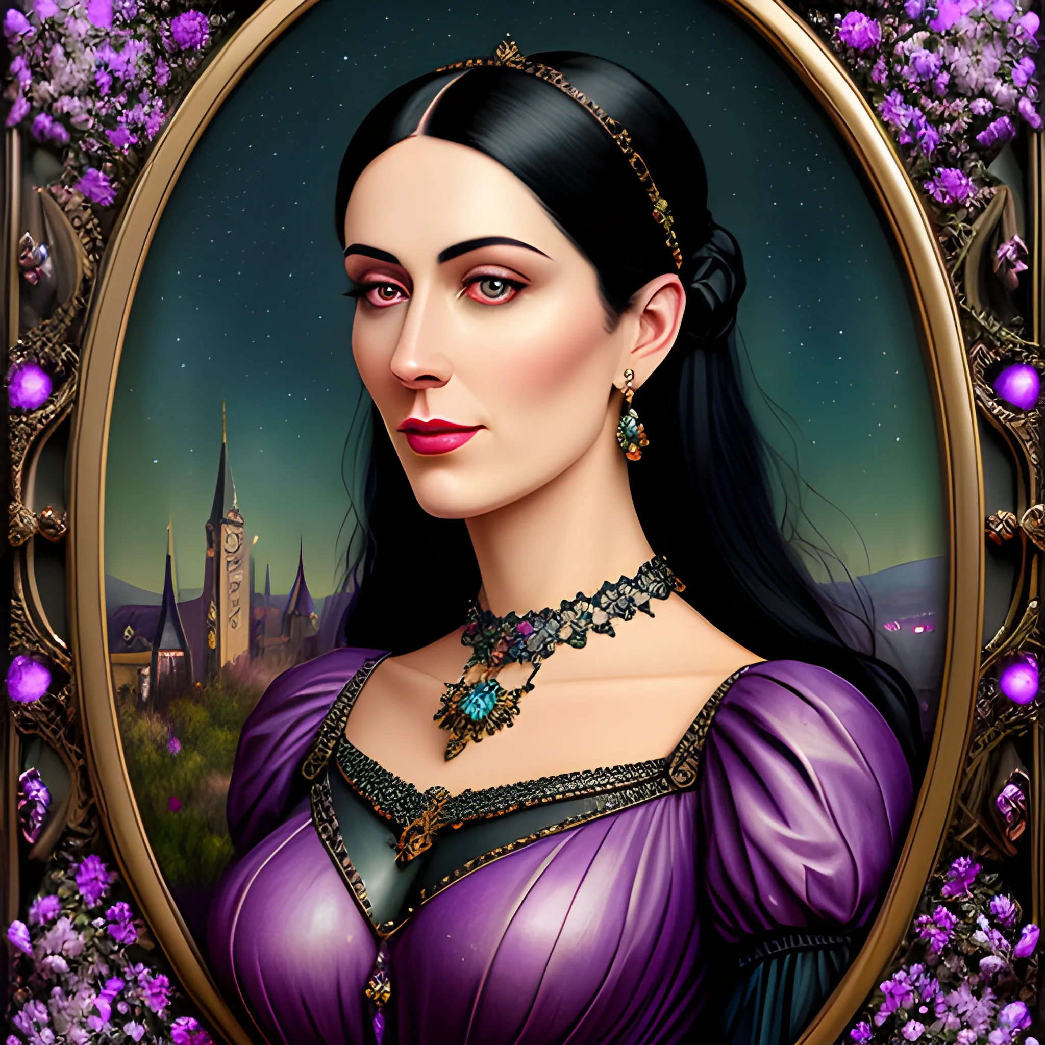 Lilac Princess, beautiful woman wears a lavender sequined dress. She has long, sleek black hair, and stands in front of lilac bushes. Her features are symmetrical, lovely, and anatomically correct. She wears amethyst jewelry. Lips are soft, in a slight smile; behind her a cityscape, and full smooth moon in a nebula sky, clouds; fantasy, Vintage Art, 16k resolution, intricately detailed, Renaissance, Chromolithography Soft Shading; ethereal fantasy, realistic oil painting. Victorian era, glitter, old fashioned, vintage, antique, renaissance, gothic, eldritch, highly intricate, sophisticated and complex digital painting, concept art, hyperrealism, Cinema 4D, 8k resolution, 64 megapixels, CGSociety, ZBrushCentral, behance HD, hypermaximalist, parallax
