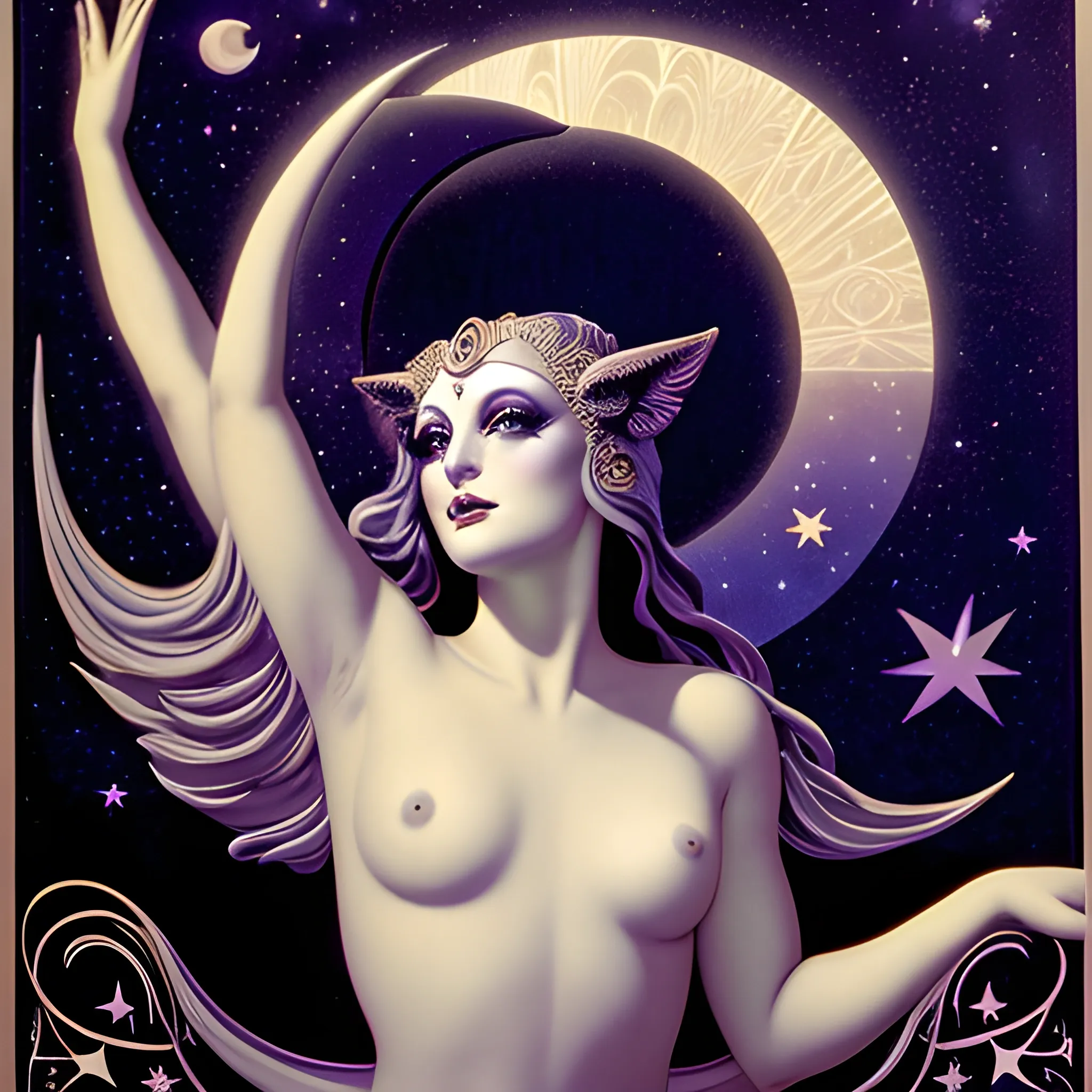 Nyx Goddess of the Night with a crescent moon and many stars in the style of Maxfield Parrish