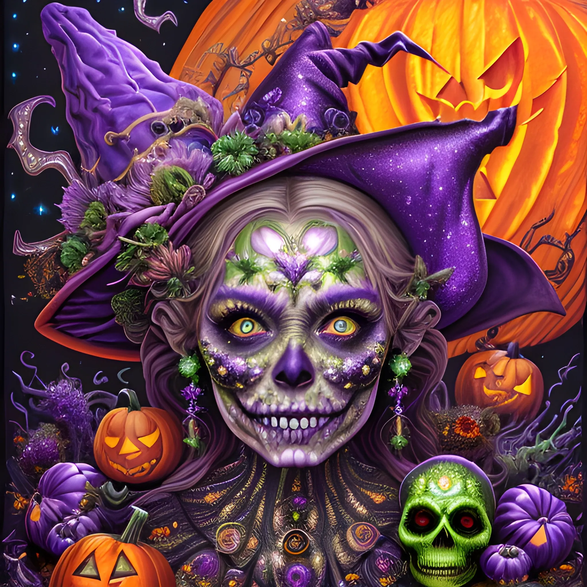  hyperdetailed oil on canvas, a beautiful Halloween Witch, detailed face; orange, green, purple, sparkle fairy dust, glitter, neon grape purple pumpkins, green skulls, orange bats, meticulously detailed; magic, surrounded by luminous color sparkles and marijuana plants, outdoors, starry night, full moon in a psychedelic nebula sky