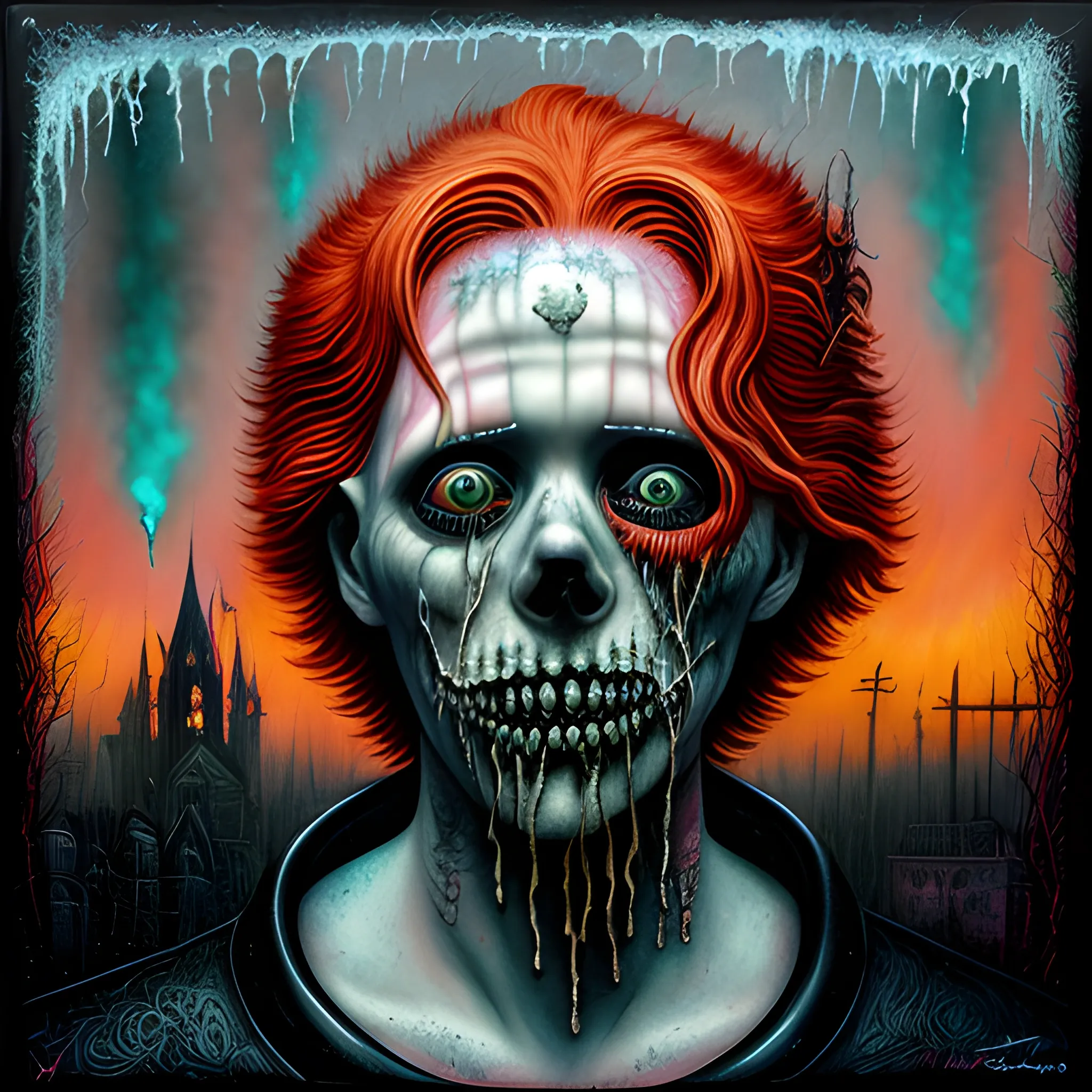  Masterpiece, scenic; redhead Courtney Gains; neon spray paint, acrylic paint, fantastical surrealist world, in the style of Stephen Gammell and Shawn Coss, extremely detailed, sick, gothic, eldritch; macabre, extreme color