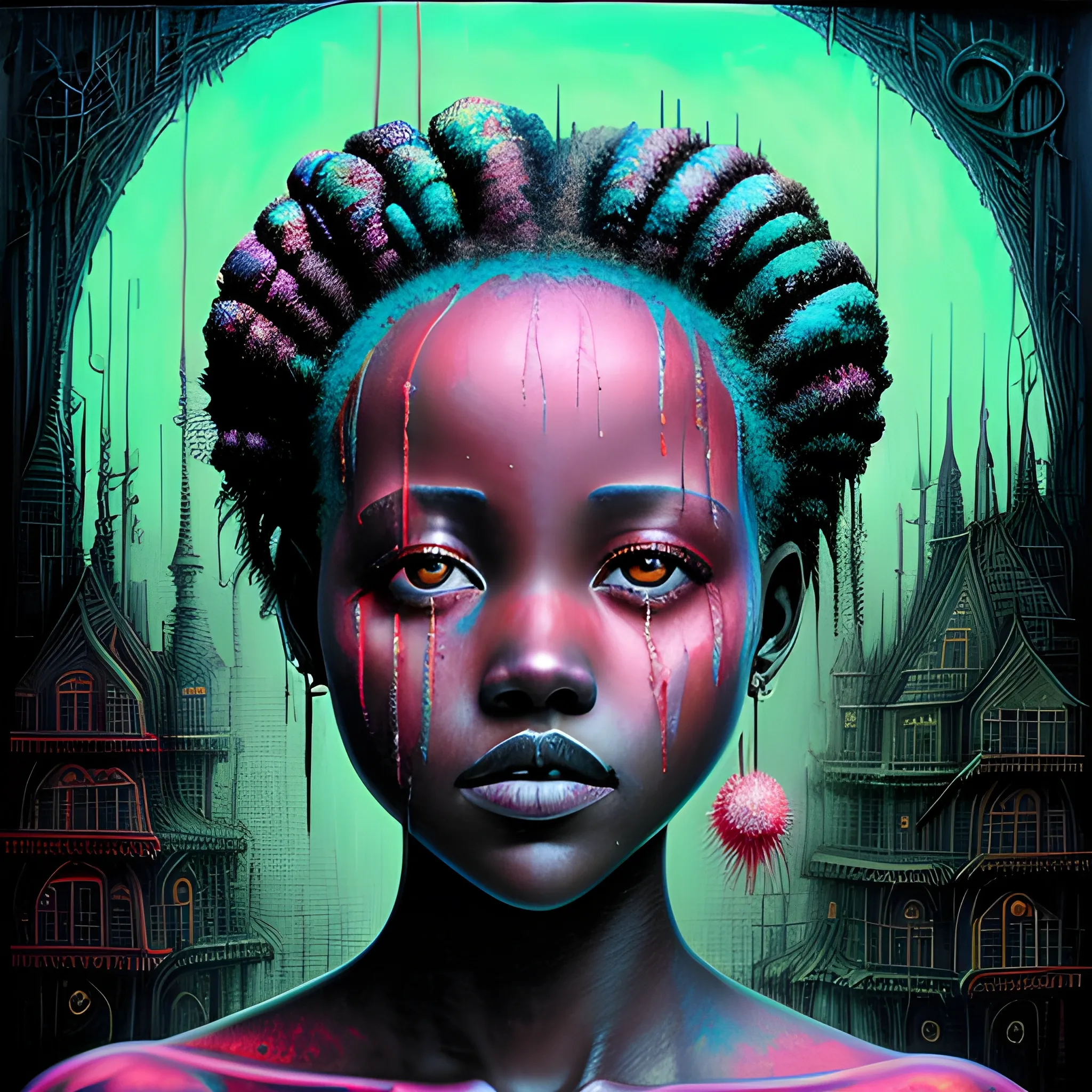  Masterpiece, scenic; Lupita Nyong'o; neon spray paint, acrylic paint, fantastical surrealist world, in the style of Stephen Gammell and Shawn Coss, extremely detailed, sick, gothic, eldritch