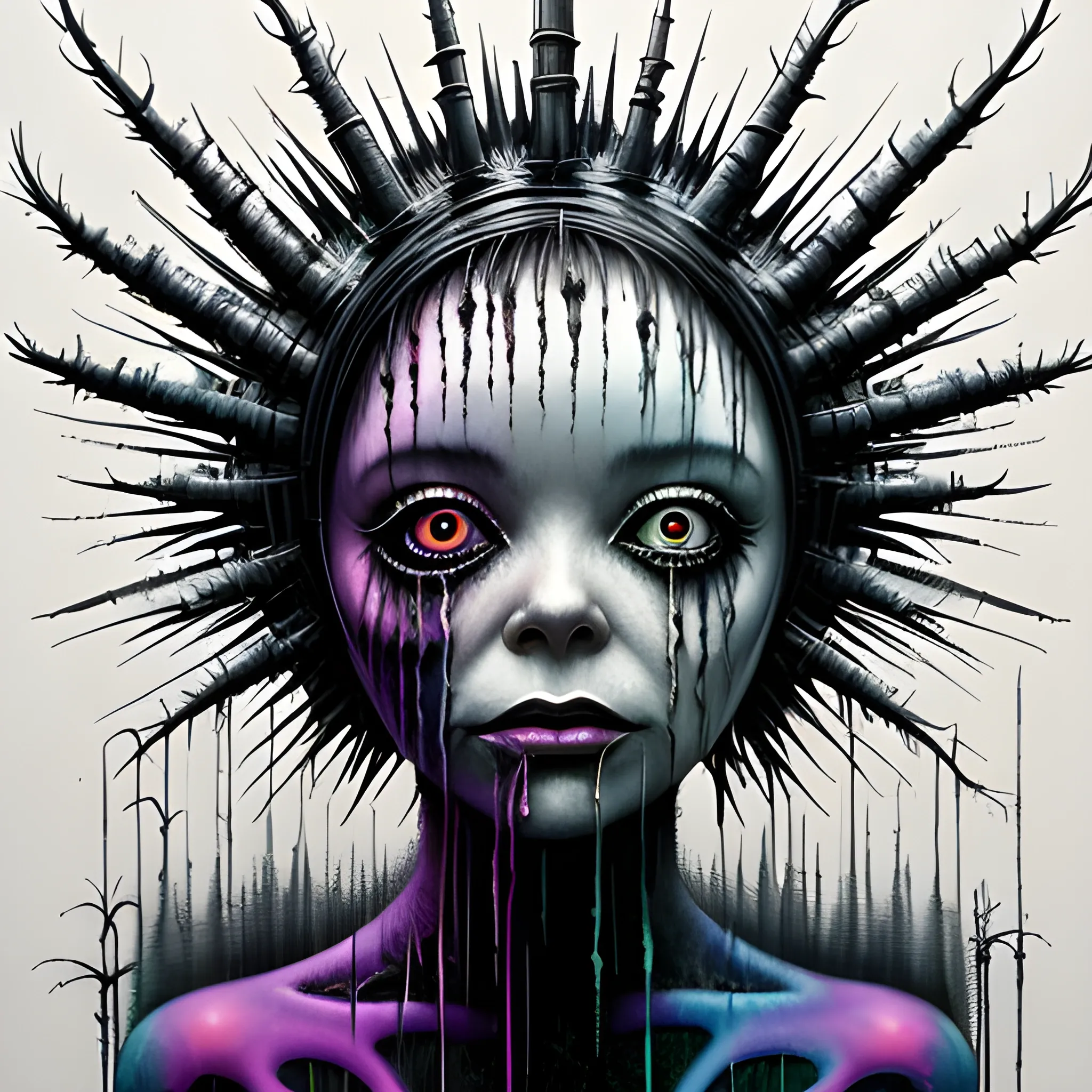  Masterpiece, scenic; Bjork; neon spray paint, acrylic paint, fantastical surrealist world, in the style of Stephen Gammell and Shawn Coss, extremely detailed, sick, gothic, eldritch