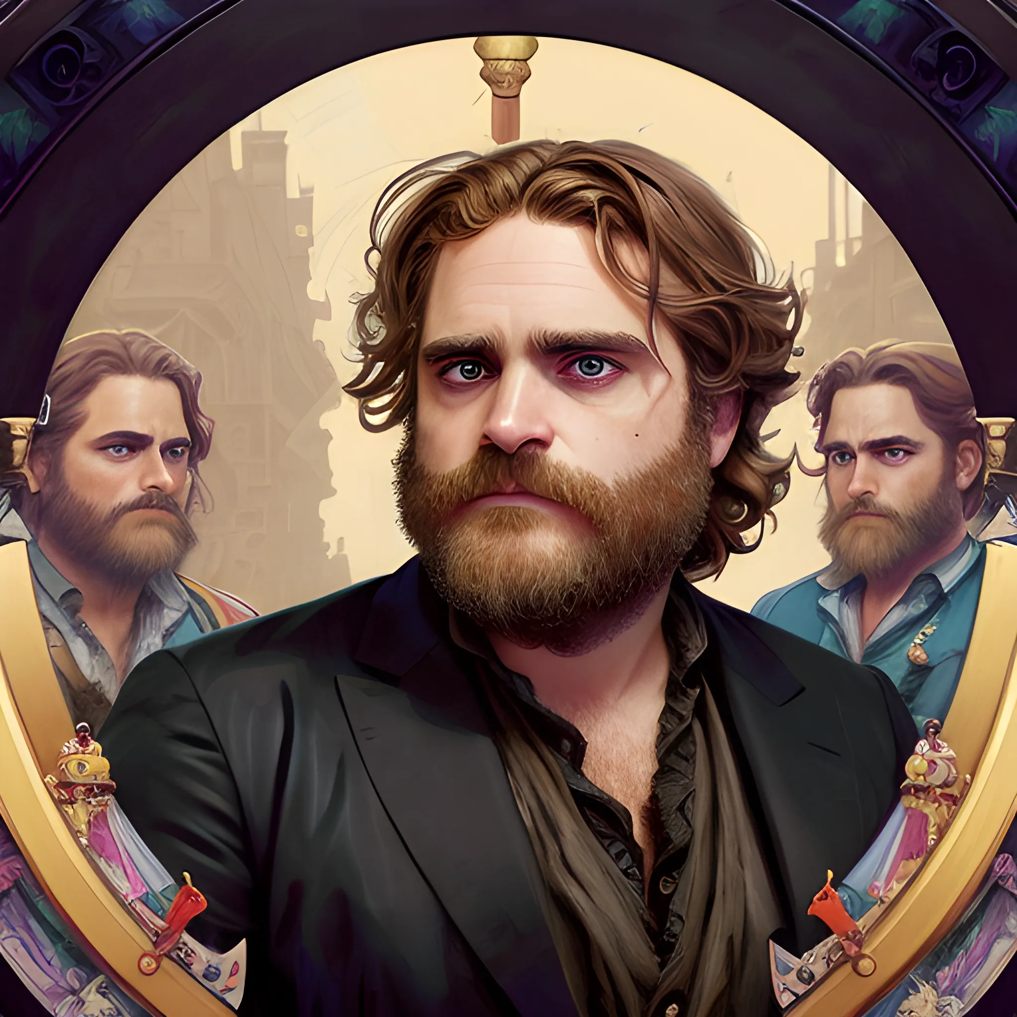 Joaquin Phoenix and Zach Galifianakis doing cosplay as pirates, highly detailed faces, modern American; by Lisa Frank, Daniel Gerhartz, Phil Noto art, Mucha, Manara; hyper-detailed, hyper-realistic, sharp focus; symmetrical face; textured shading, subtractive lighting, Unreal Engine