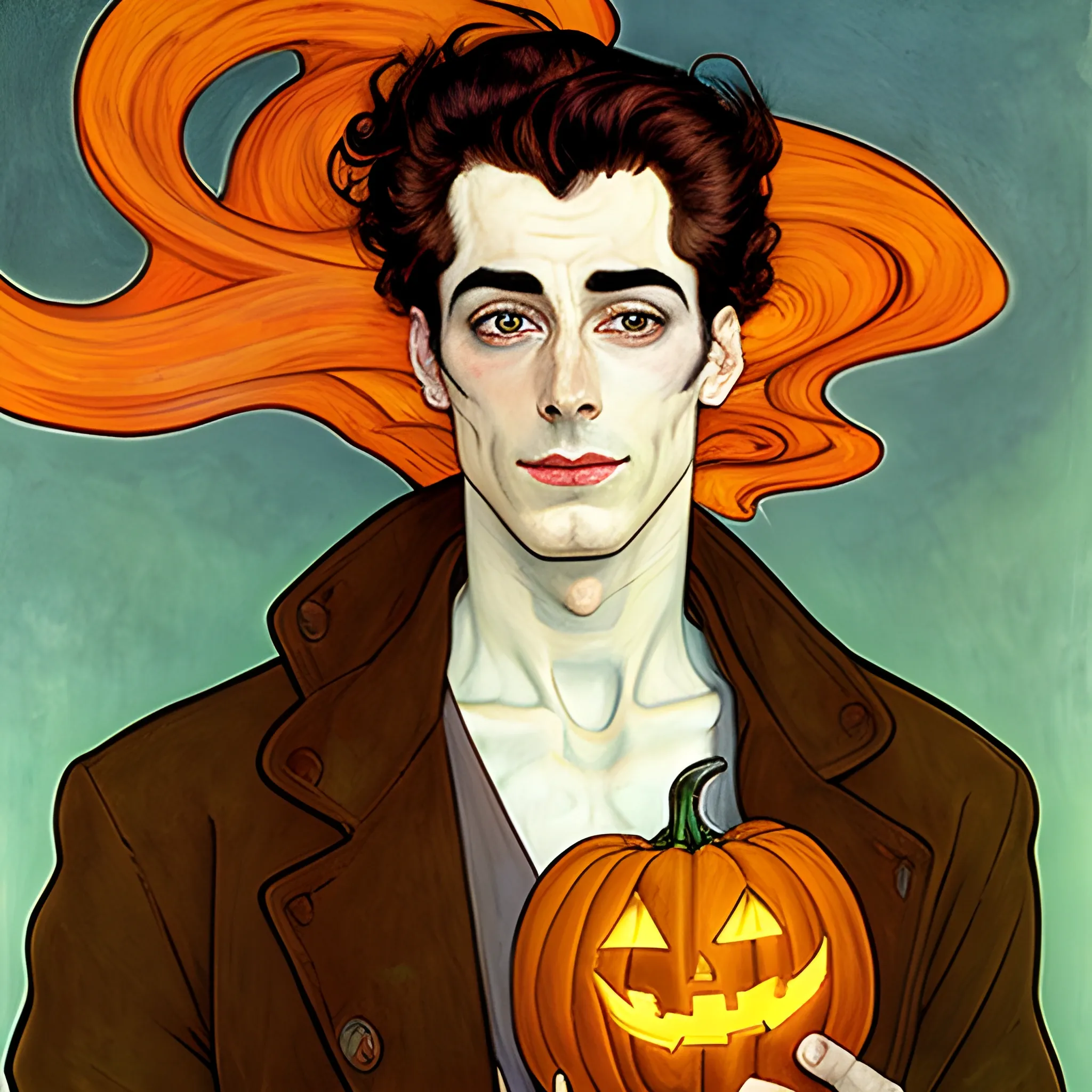 Painting of a handsome young delicate beautiful softly freckled man in his 20s with green eyes and long, curly red hair, at the giant jack o'lantern halloween party; pumpkins, perfect purple pumpkins, green skulls, orange bats, magic, candles, neon spray paint, acrylic paint, fantastical, elegant, stylized art, under a painted nebula sky, full moon; bats, pumpkins, spooky ambiance, Halloween Night art by alphonse mucha, vincent van gogh, egon schiele