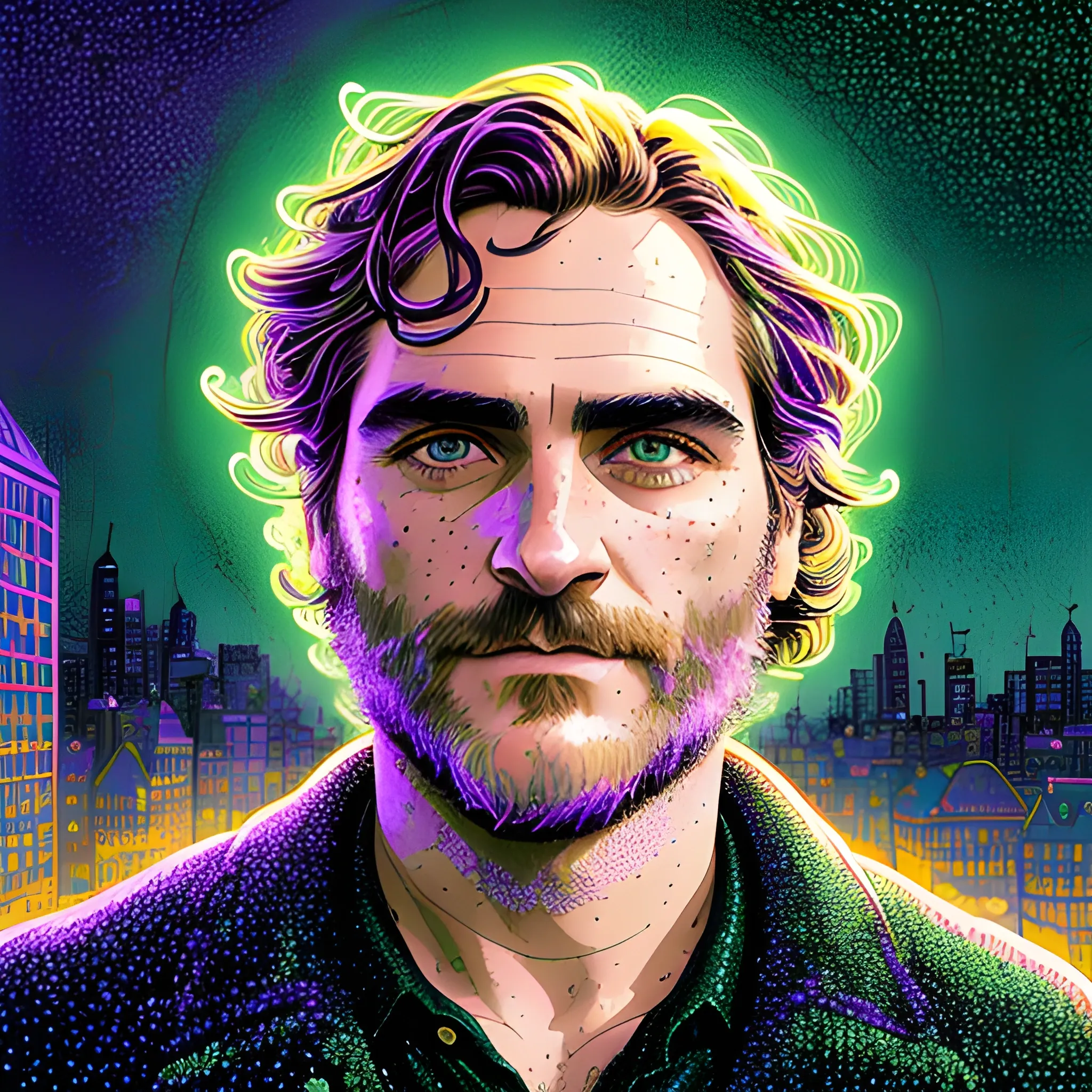 Joaquin Phoenix, his highly detailed, softly freckled handsome face, lavender-green eyes, meticulously detailed long dark hair; by James R. Eads, Fausto-Giurescu, Tania Rivilis, Dan Mumford; luminous colorful sparkles, glitter, airbrush, depth of field, volumetric lighting, downtown