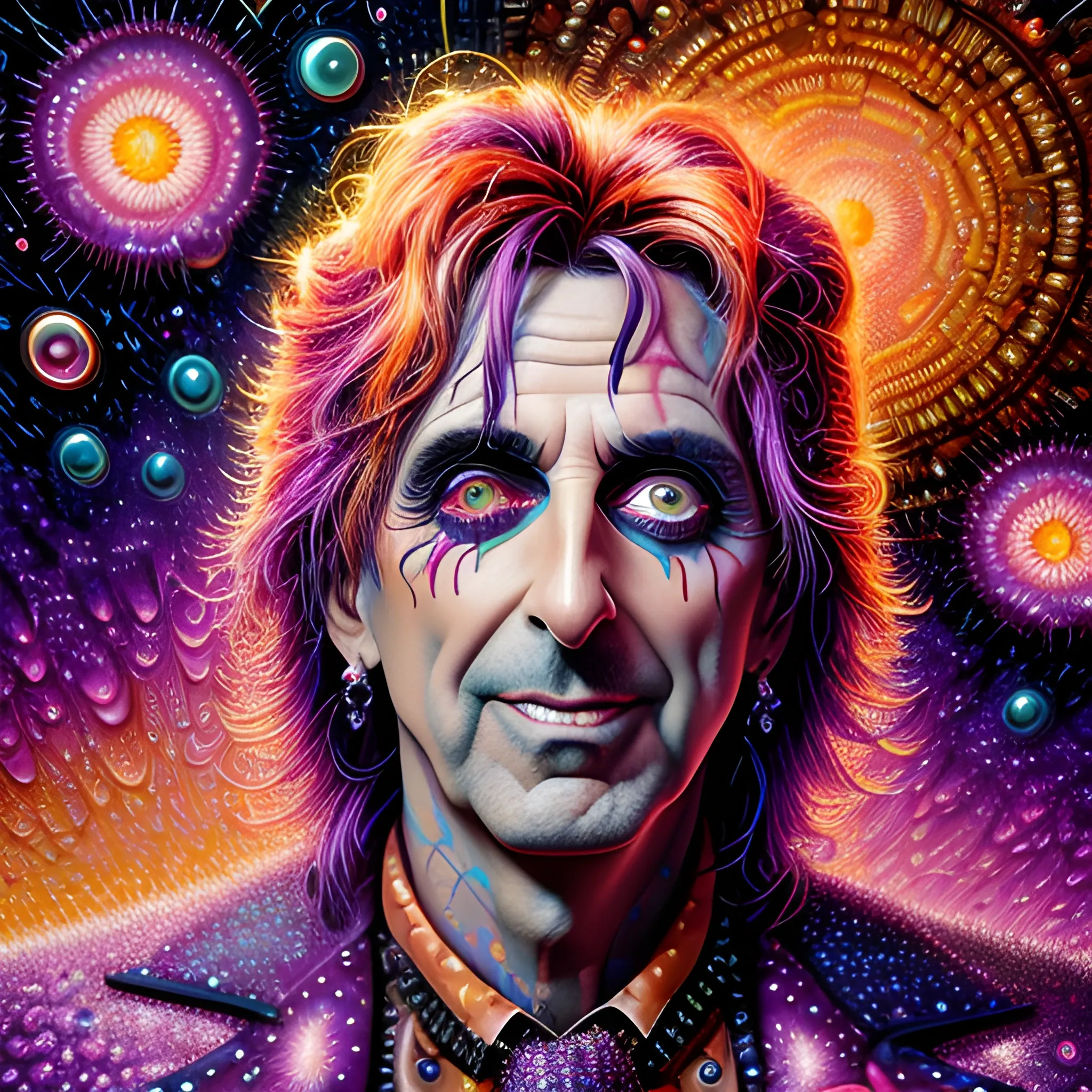 hyperdetailed oil on canvas, Alice Cooper, his handsome perfect, precisely detailed face, orange, pink, purple, luminous colorful sparkles, by James R. Eads, Gawki, rajewel, Tania Rivilis, Dan Mumford, glitter, airbrush, Octane Render, elegant, volumetric lighting, 16k