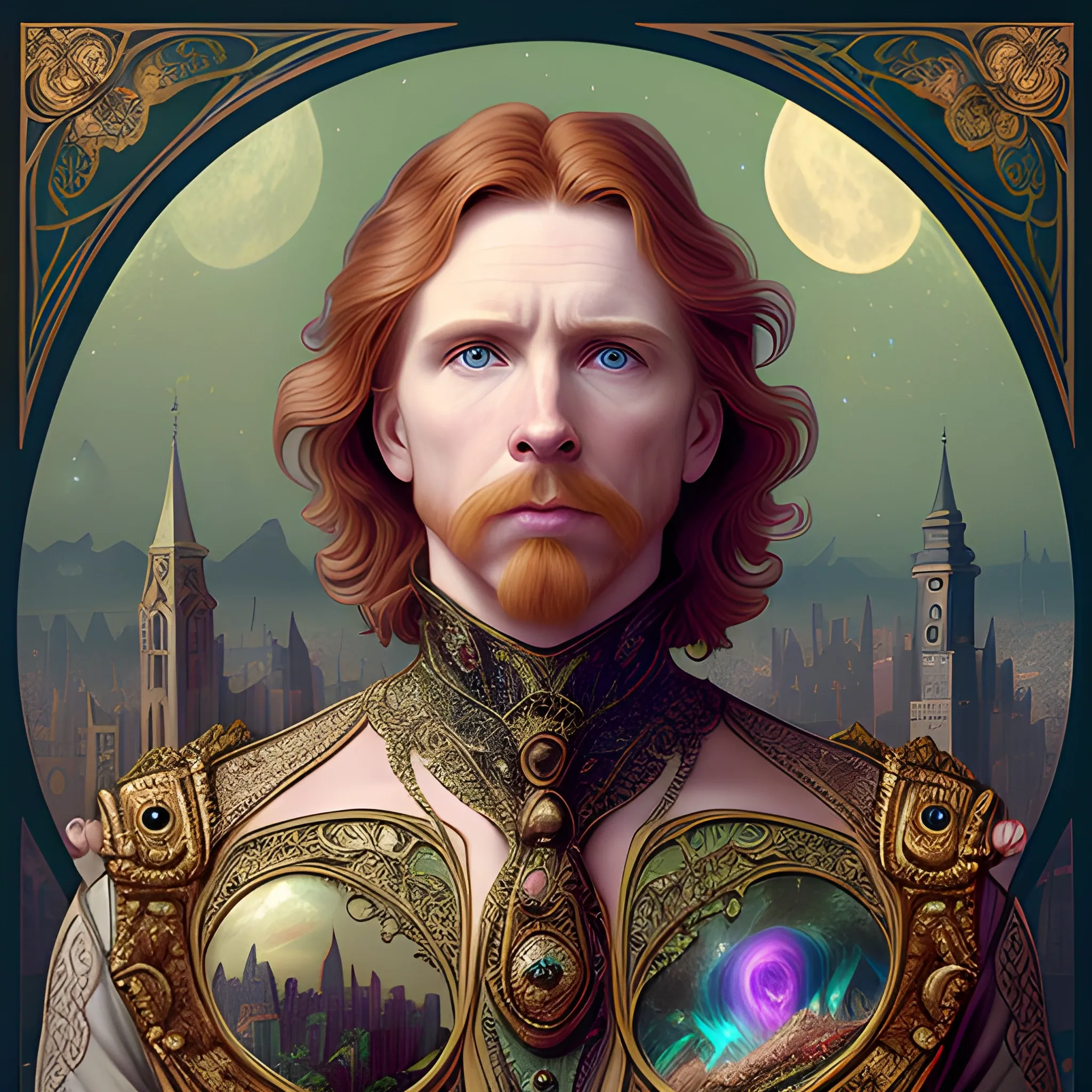 finely detailed eyes, male actor Courtney Gains, the man's hyperdetailed, softly freckled face, his clean, clear, detailed green eyes, meticulously detailed, multi-hued, long red hair; cityscape, full smooth moon in a nebula sky, clouds; fantasy, Vintage Art, 16k resolution art Nouveau poster; Alphonse Mucha, WLOP, Illustration intricately detailed, Renaissance, Chromolithography Soft Shading; ethereal fantasy maximalist matte painting. Catherine Abel, and James R. Eads, realistic oil painting. Victorian era, glitter, old fashioned, vintage, antique, renaissance, gothic, eldritch, highly intricate, sophisticated and complex digital painting, concept art, hyperrealism, Cinema 4D, 8k resolution, 64 megapixels, CGSociety, ZBrushCentral, behance HD, hypermaximalist, male, man