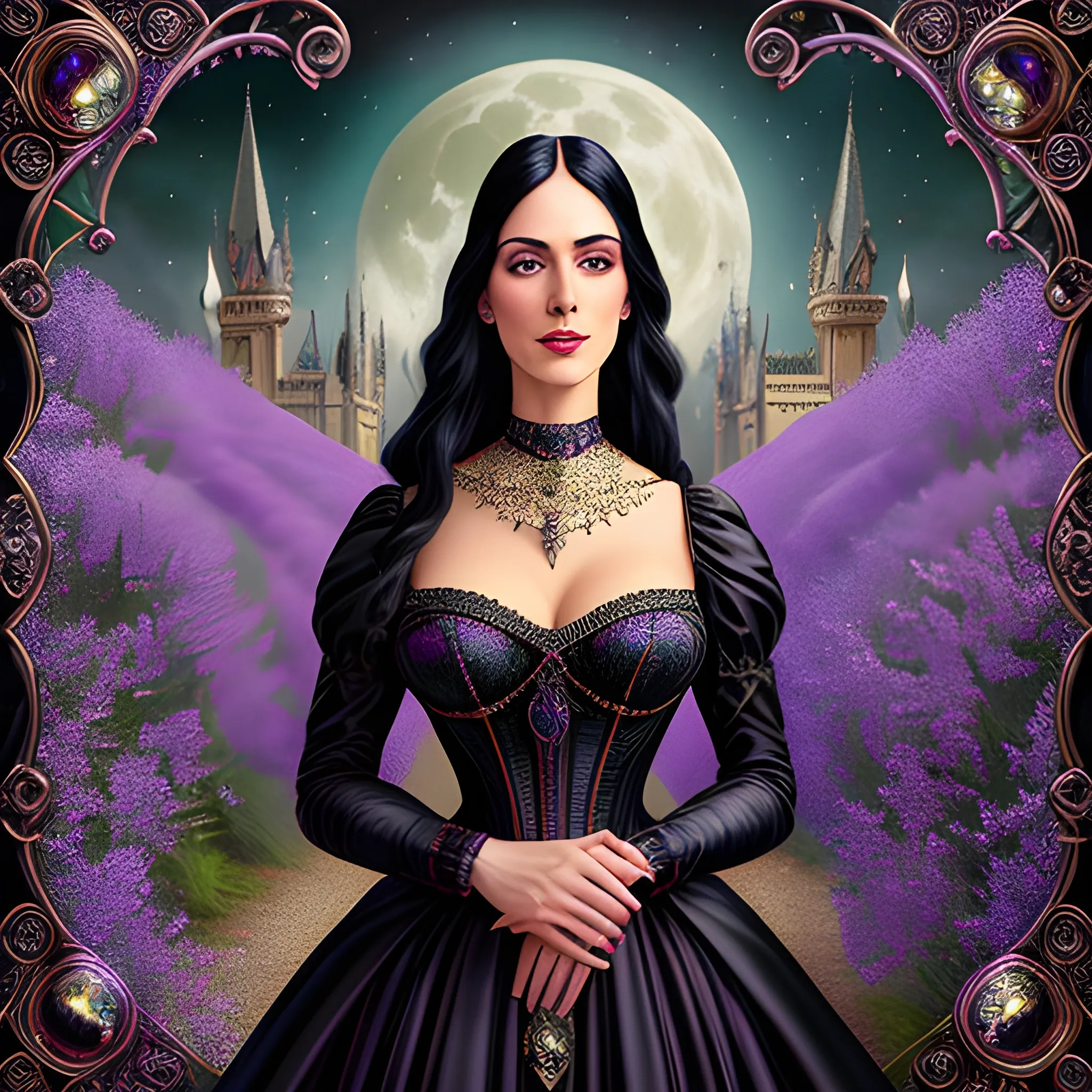 Lilac Princess, beautiful woman wears a lavender sequined dress. She has long, sleek black hair, and stands in front of lilac bushes. Her features are symmetrical, lovely, and anatomically correct. She wears amethyst jewelry. Lips are soft, in a slight smile; behind her a cityscape, and full smooth moon in a nebula sky, clouds; fantasy, Vintage Art, 16k resolution, intricately detailed, Renaissance, Chromolithography Soft Shading; ethereal fantasy, realistic oil painting. Victorian era, glitter, old fashioned, vintage, antique, renaissance, gothic, eldritch, highly intricate, sophisticated and complex digital painting, concept art, hyperrealism, Cinema 4D, 8k resolution, 64 megapixels, CGSociety, ZBrushCentral, behance HD, hypermaximalist, parallax
