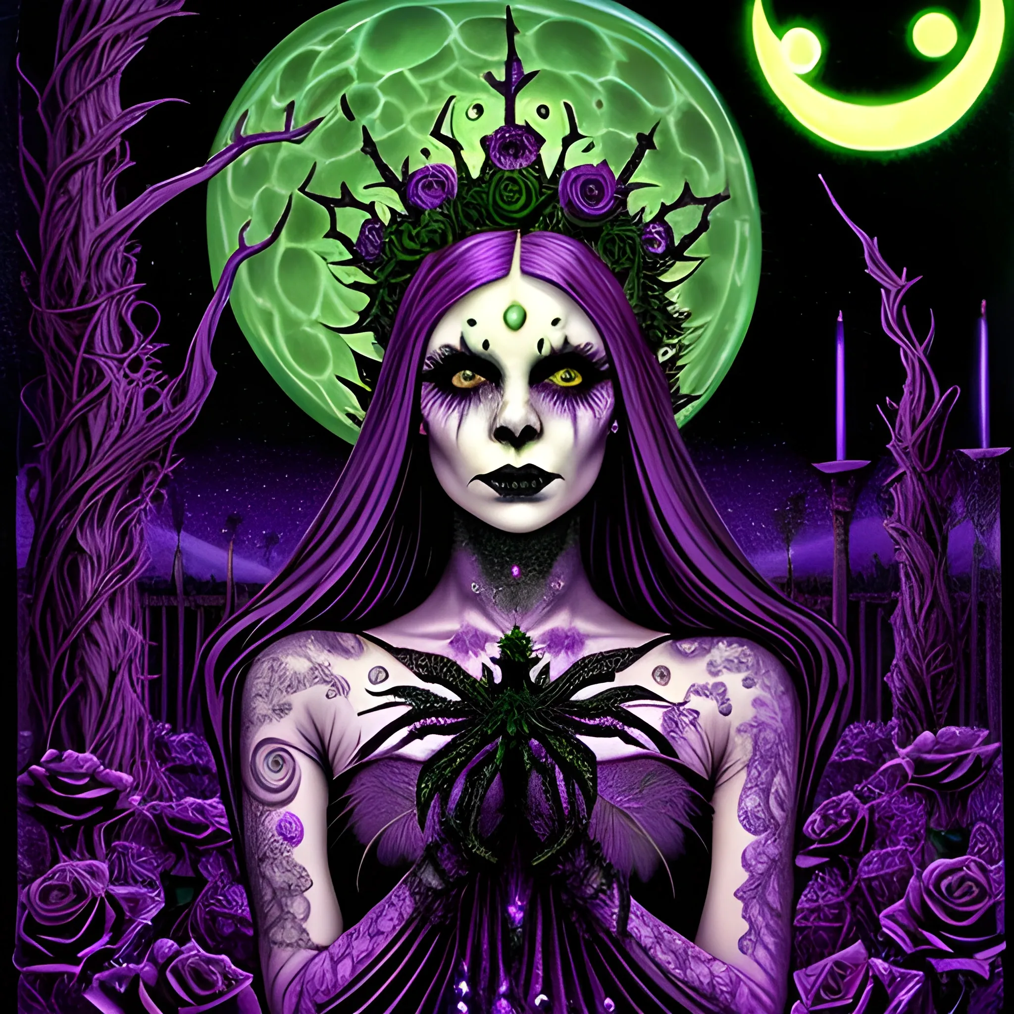 a woman wearing a thorny crown of black roses and weeping black tears, Halloween, bats, full moon in a nebula sky; perfect purple pumpkins, green skulls, orange bats, magic, candles, cobweb, spider, neon spray paint, acrylic paint, fantastical surrealist world, in the style of Stephen Gammell, extremely detailed Zentangle style, sick, gothic, eldritch, glitter, luminous color sparkles, dayglo orange, neon grape purple, chartreuse green, Halloween; Nyx Goddess of the Night with a crescent moon and many stars in the style of Maxfield Parrish, starry night, James R. Eads