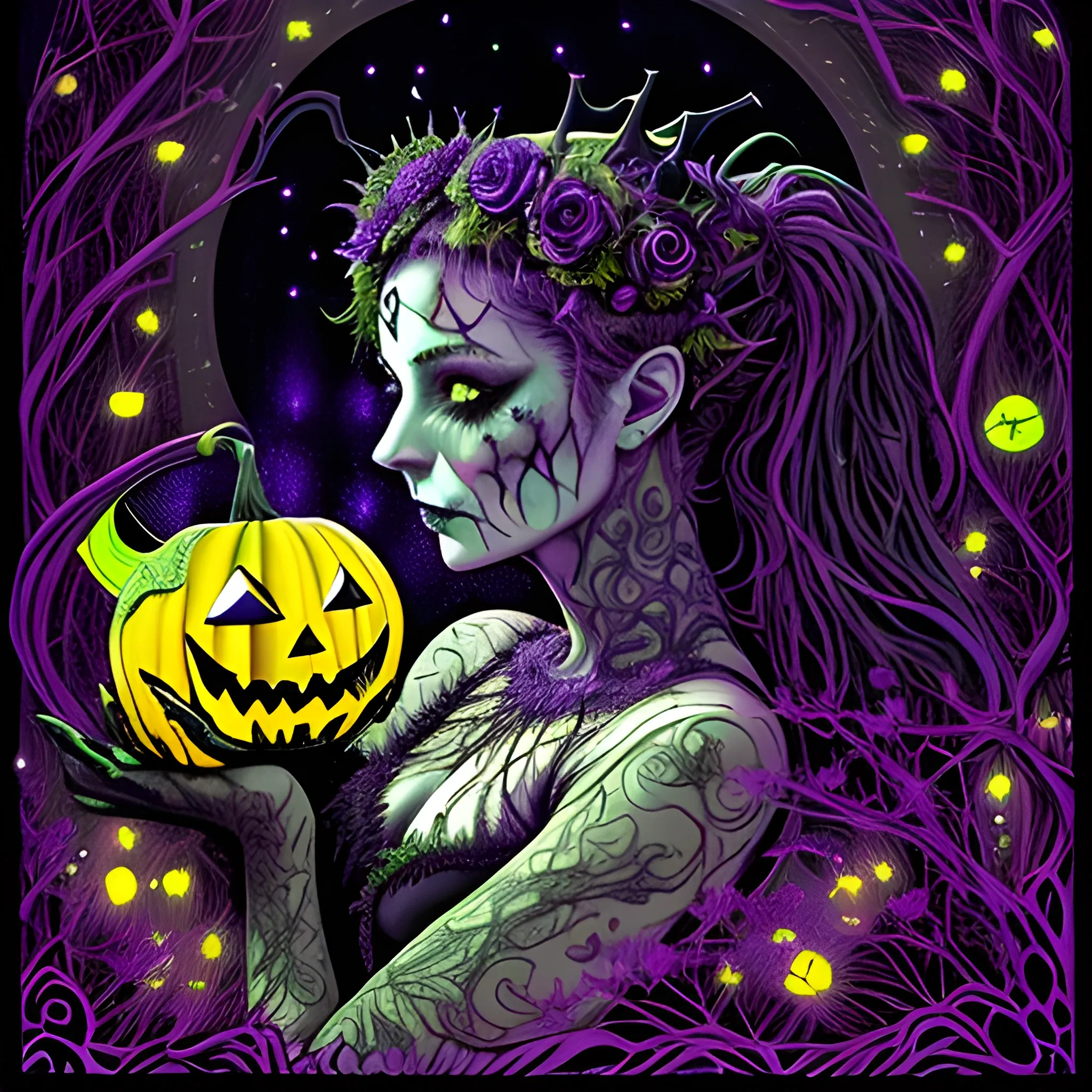 a woman wearing a thorny crown of black roses and weeping black tears, Halloween, bats, full moon in a nebula sky; perfect purple pumpkins, green skulls, orange bats, magic, candles, cobweb, spider, neon spray paint, acrylic paint, fantastical surrealist world, in the style of Stephen Gammell, extremely detailed Zentangle style, sick, gothic, eldritch, glitter, luminous color sparkles, dayglo orange, neon grape purple, chartreuse green, Halloween; Nyx Goddess of the Night with a crescent moon and many stars in the style of Maxfield Parrish, starry night, James R. Eads