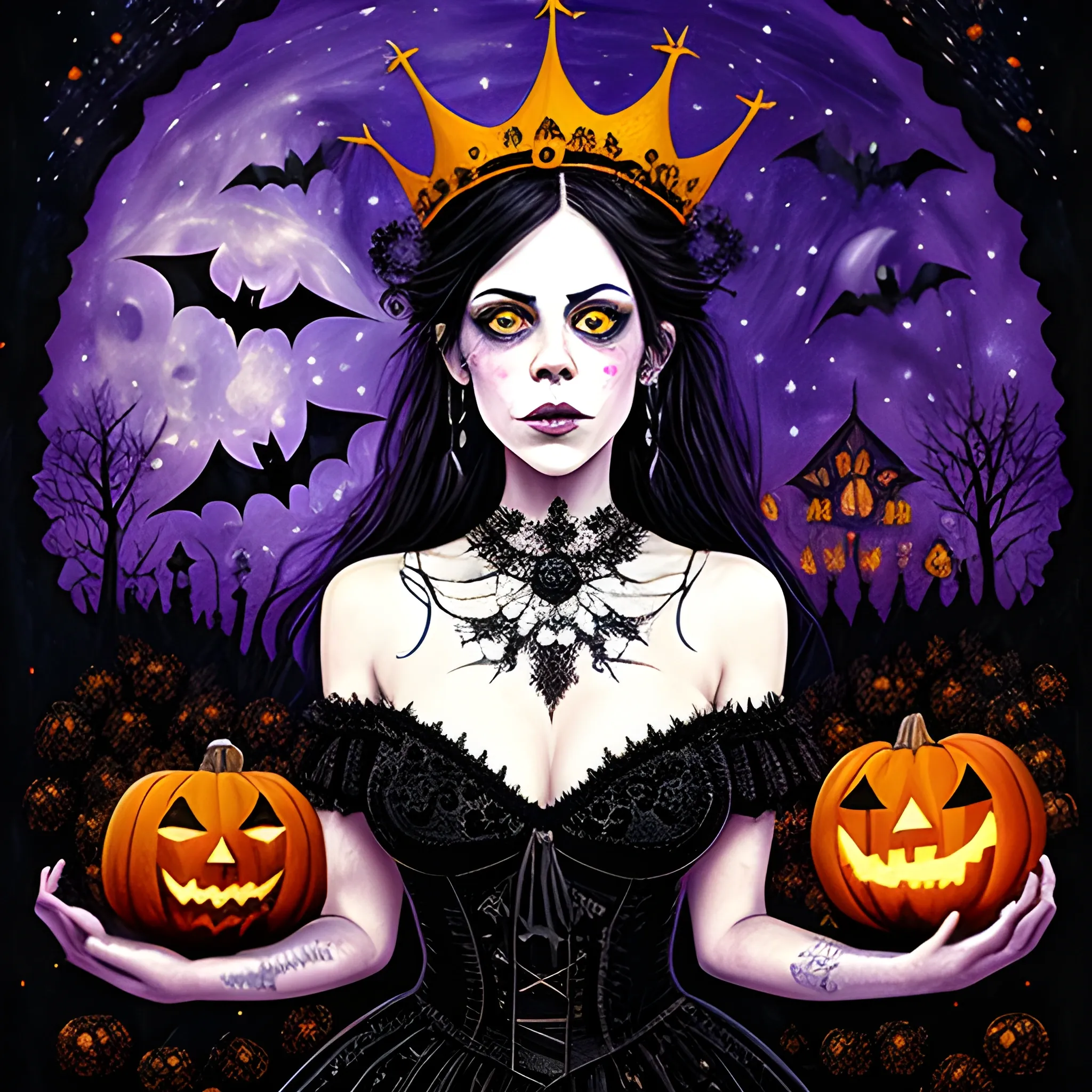 finely detailed eyes, Fairuza Balk as a Halloween Witch with an ornate Halloween themed crown, mixed media, complimentary color, the starry night background, pumpkins, bats, full moon under a nebula sky; in the art style of Kaethe Butcher, Pierre-Auguste Renoir. beautiful lights, luminous color sparkles, glitter, effulgent light