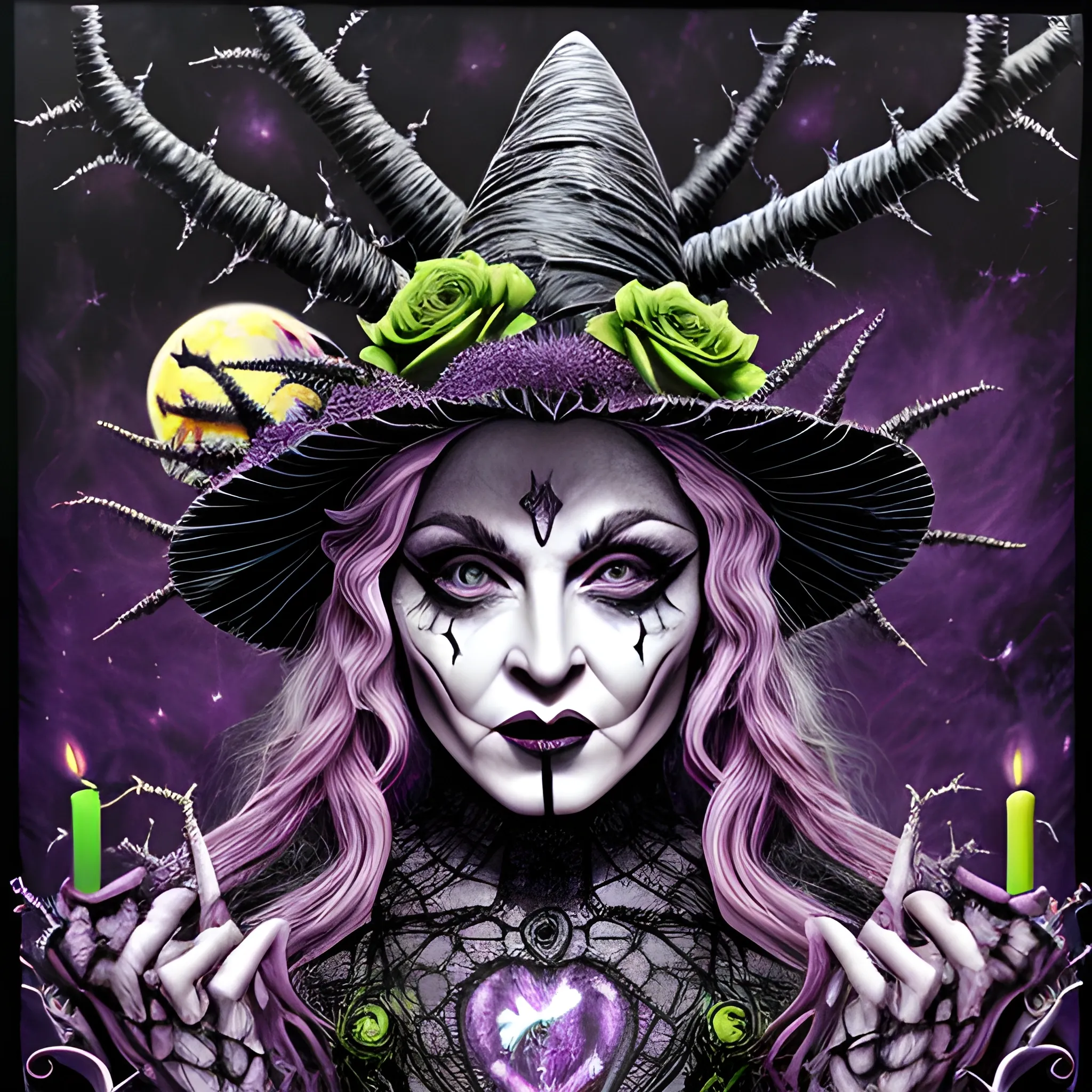 Madonna as a Halloween Witch, wearing a thorny witch hat adorned with thorns and black roses; Halloween, bats, full moon in a nebula sky, neon spray paint, acrylic paint, fantastical surrealist world, in the style of Stephen Gammell, extremely detailed Zentangle style, sick, gothic, eldritch, candles, neon grape purple, dayglo orange, chartreuse green, Halloween