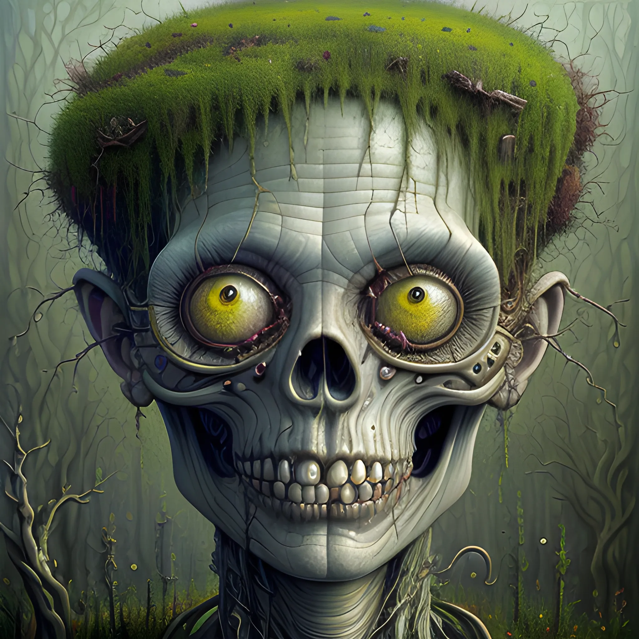 A hyperreal oil painting of a decayed zombie head, bulging eyes, rotten green skin, grey beard, blue veins, moss ivy hair skull, octane render; gediminas pranckevicius, volumetric light 2, laurie lipton, minarets, fantasy, high definition, acrylic art, intricately detailed, Jacek Yerka, Peter Gric, Hundertwasser