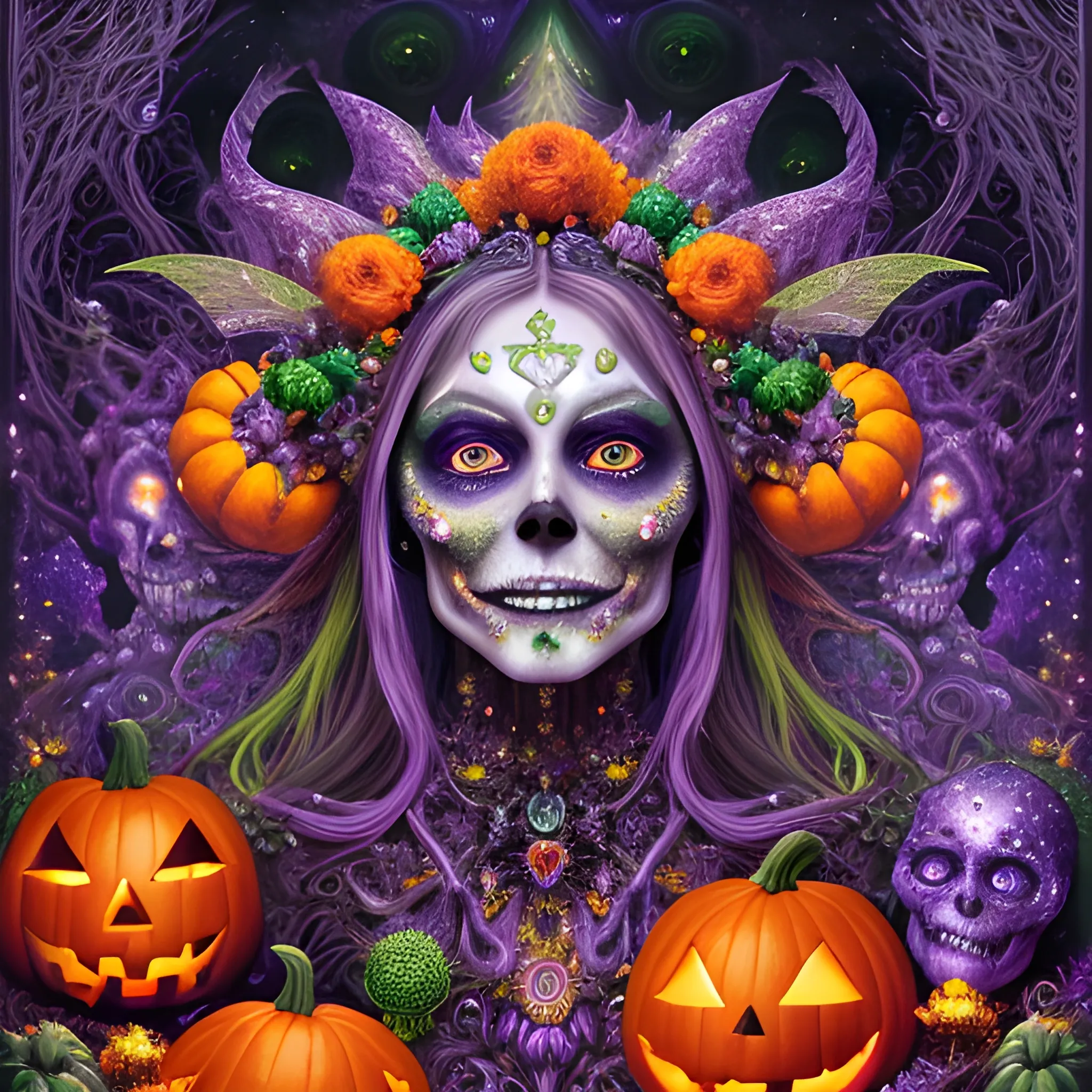  hyperdetailed oil on canvas, a beautiful Halloween Witch, detailed face; orange, green, purple, sparkle fairy dust, glitter, neon grape purple pumpkins, green skulls, orange bats, meticulously detailed; magic, surrounded by luminous color sparkles and marijuana plants, outdoors, starry night, full moon in a psychedelic nebula sky