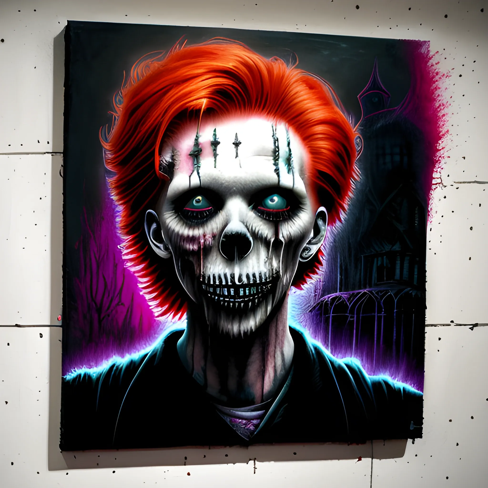  Masterpiece, scenic; redhead Courtney Gains; neon spray paint, acrylic paint, fantastical surrealist world, in the style of Stephen Gammell and Shawn Coss, extremely detailed, sick, gothic, eldritch; macabre, extreme color