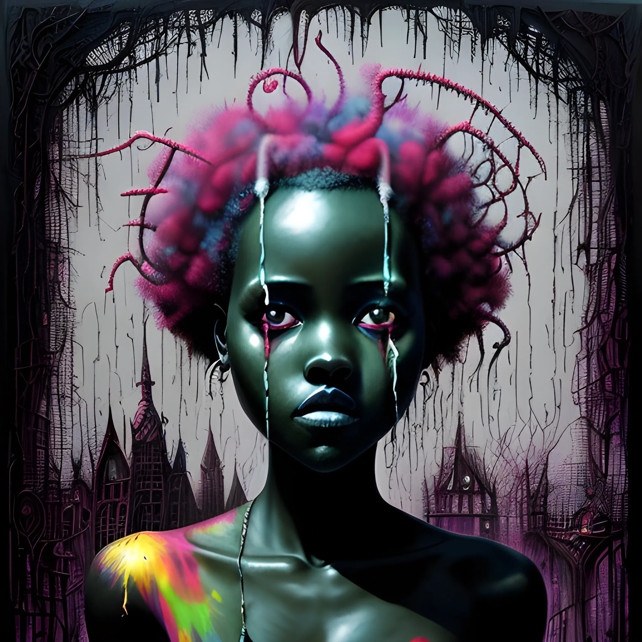  Masterpiece, scenic; Lupita Nyong'o; neon spray paint, acrylic paint, fantastical surrealist world, in the style of Stephen Gammell and Shawn Coss, extremely detailed, sick, gothic, eldritch