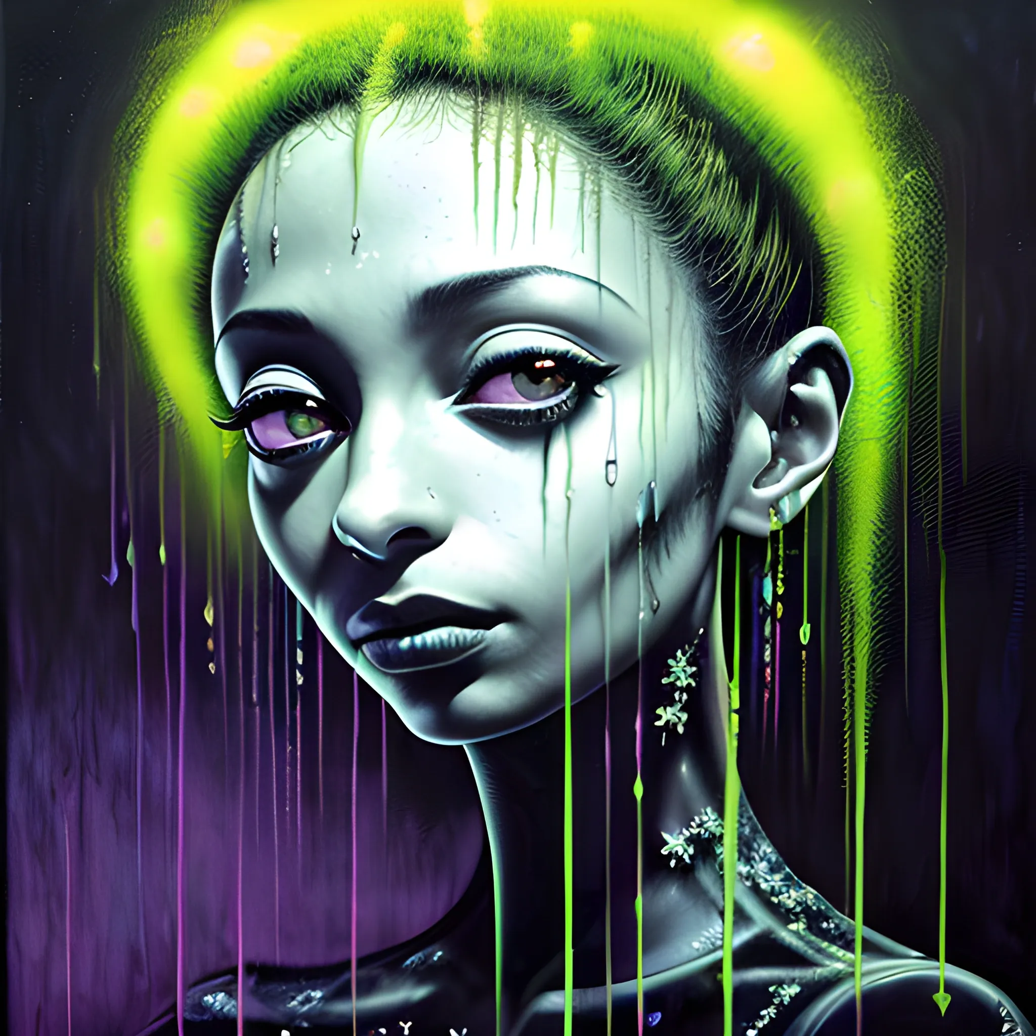  Masterpiece, scenic; Sade Adu; neon spray paint, acrylic paint, fantastical surrealist world, in the style of Stephen Gammell and Shawn Coss, extremely detailed, sick, gothic, eldritch