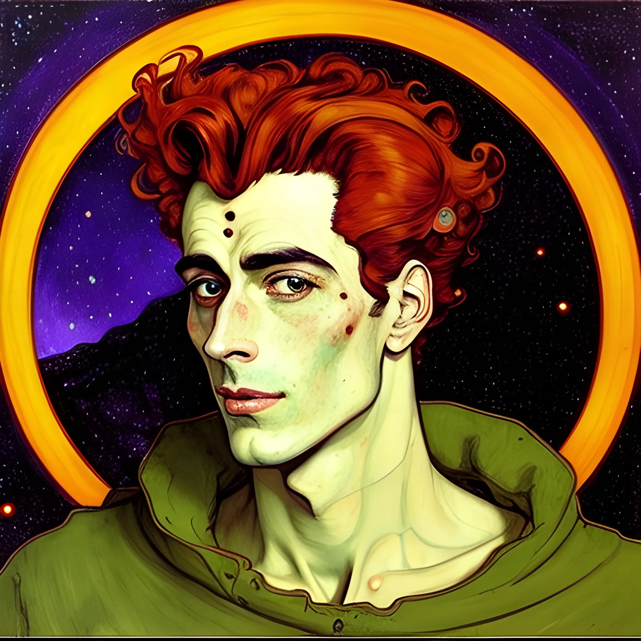 Painting of a handsome young delicate beautiful softly freckled man in his 20s with green eyes and long, curly red hair, at the giant jack o'lantern halloween party; pumpkins, perfect purple pumpkins, green skulls, orange bats, magic, candles, neon spray paint, acrylic paint, fantastical, elegant, stylized art, under a painted nebula sky, full moon; bats, pumpkins, spooky ambiance, Halloween Night art by alphonse mucha, vincent van gogh, egon schiele