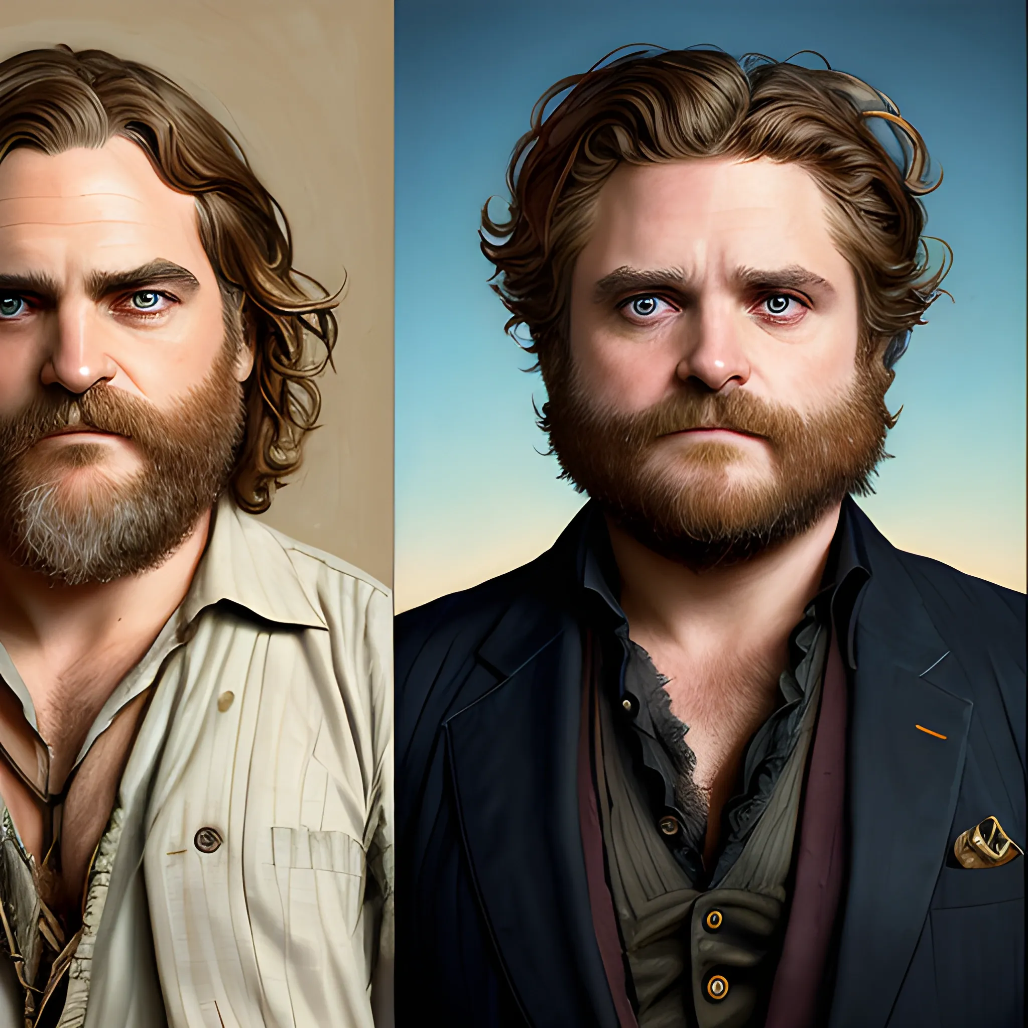 Joaquin Phoenix and Zach Galifianakis doing cosplay as pirates, highly detailed faces, modern American; by Lisa Frank, Daniel Gerhartz, Phil Noto art, Mucha, Manara; hyper-detailed, hyper-realistic, sharp focus; symmetrical face; textured shading, subtractive lighting, Unreal Engine