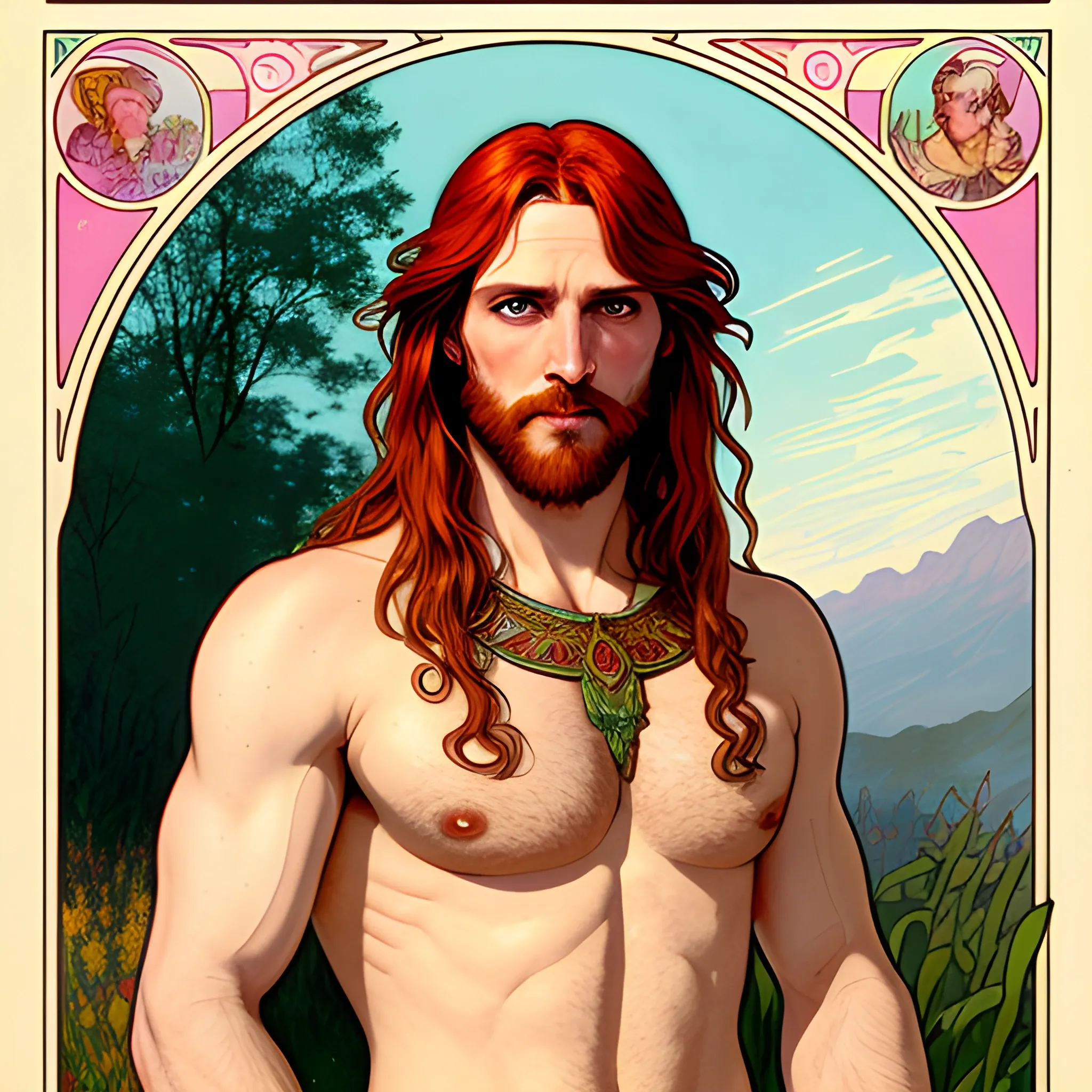 young Malachai of the Corn, his highly detailed, softly freckled handsome face, his clean, clear eyes, meticulously detailed, multi-hued, long red hair; hippie, pirate, he gazes far-away to the forest; pink, yellow, across a misty pastel-colored landscape, clouds; fantasy, Vintage Art, 8k resolution art Nouveau poster; Alphonse Mucha, Artgerm, WLOP, Illustration intricately detailed, trending on Artstation, Renaissance, triadic colors, Chromolithography Soft Shading