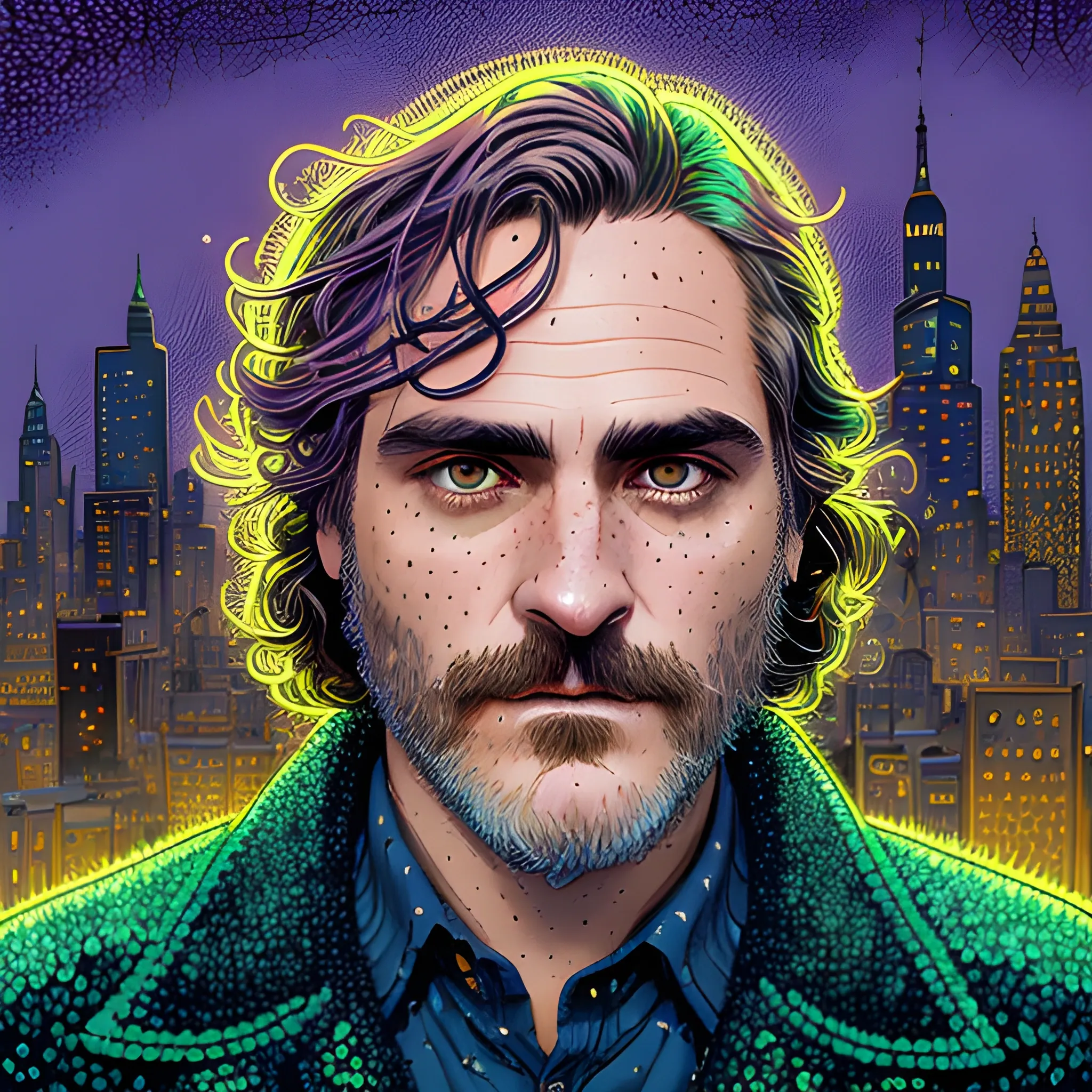 Joaquin Phoenix, his highly detailed, softly freckled handsome face, lavender-green eyes, meticulously detailed long dark hair; by James R. Eads, Fausto-Giurescu, Tania Rivilis, Dan Mumford; luminous colorful sparkles, glitter, airbrush, depth of field, volumetric lighting, downtown