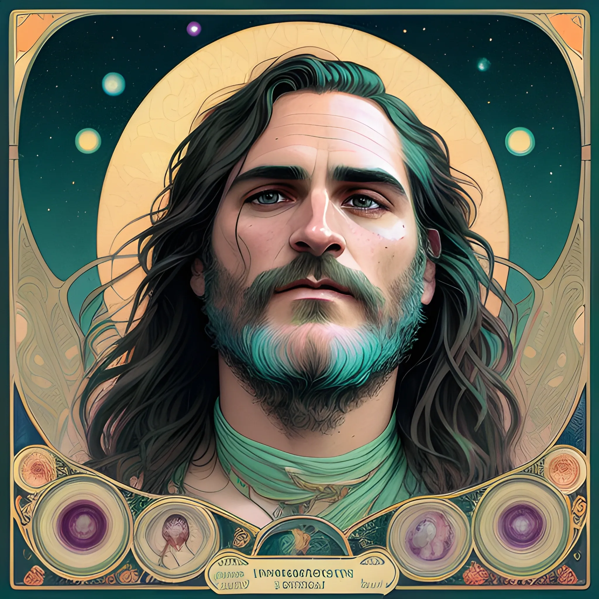 Joaquin Phoenix, his highly detailed, softly freckled handsome face, his clean, clear lavender-green eyes, meticulously detailed, multi-hued, long dark hair; hippie, fullmoon in a nebula sky, clouds; fantasy, Vintage Art, 8k resolution art Nouveau poster; Alphonse Mucha, Artgerm, WLOP, Illustration intricately detailed, trending on Artstation, Renaissance, triadic colors, Chromolithography Soft Shading