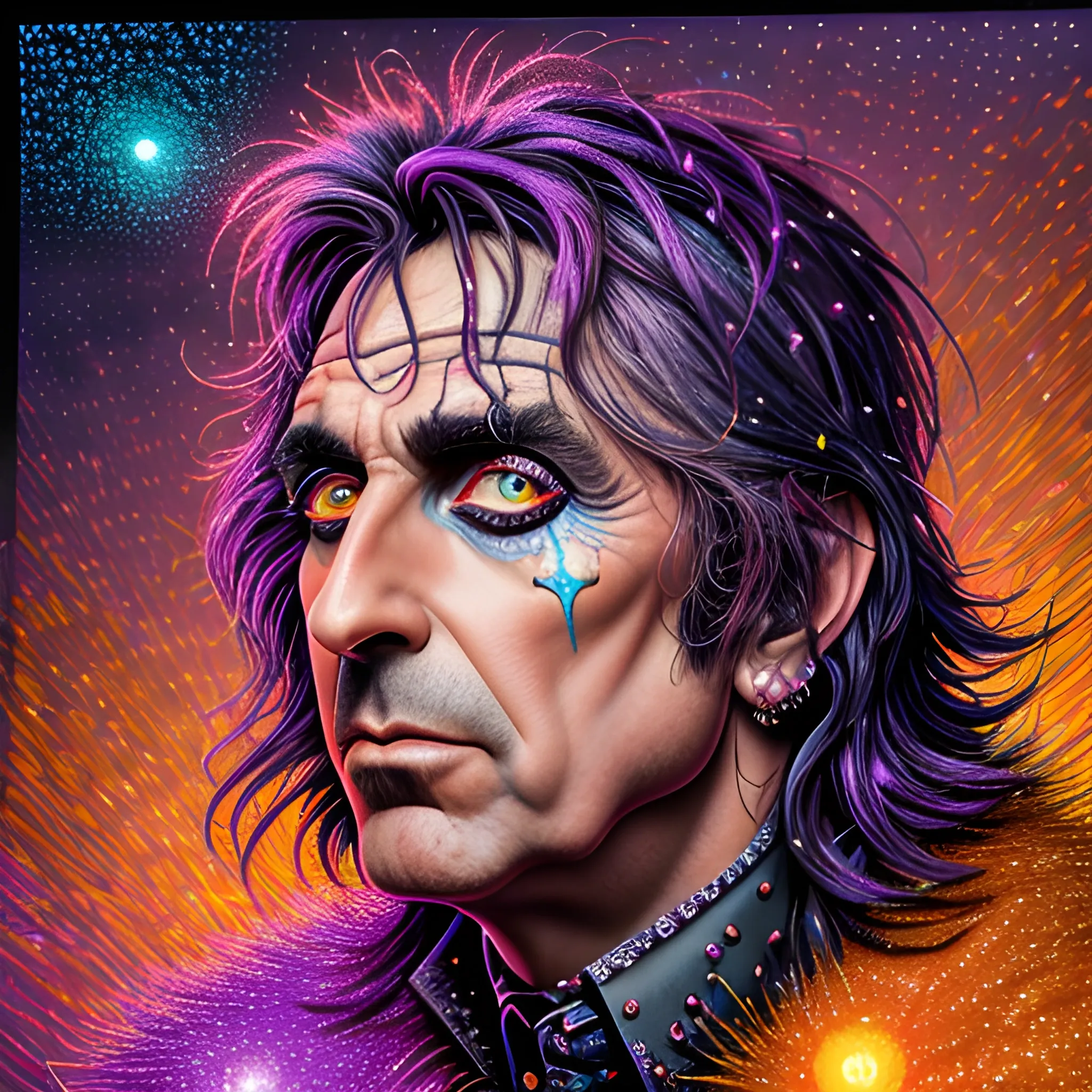 hyperdetailed oil on canvas, Alice Cooper, his handsome perfect, precisely detailed face, orange, pink, purple, luminous colorful sparkles, by James R. Eads, Gawki, rajewel, Tania Rivilis, Dan Mumford, glitter, airbrush, Octane Render, elegant, volumetric lighting, 16k