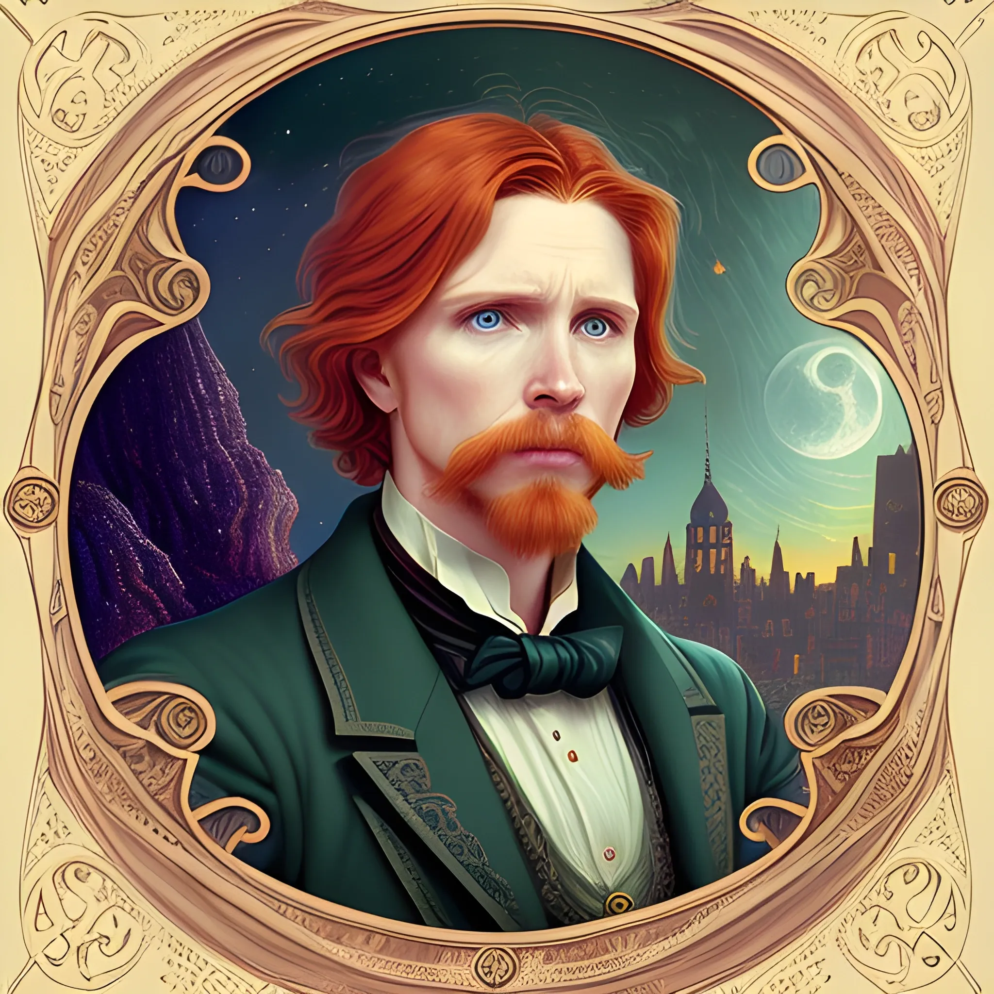 finely detailed eyes, male actor Courtney Gains, the man's hyperdetailed, softly freckled face, his clean, clear, detailed green eyes, meticulously detailed, multi-hued, long red hair; cityscape, full smooth moon in a nebula sky, clouds; fantasy, Vintage Art, 16k resolution art Nouveau poster; Alphonse Mucha, WLOP, Illustration intricately detailed, Renaissance, Chromolithography Soft Shading; ethereal fantasy maximalist matte painting. Catherine Abel, and James R. Eads, realistic oil painting. Victorian era, glitter, old fashioned, vintage, antique, renaissance, gothic, eldritch, highly intricate, sophisticated and complex digital painting, concept art, hyperrealism, Cinema 4D, 8k resolution, 64 megapixels, CGSociety, ZBrushCentral, behance HD, hypermaximalist, male, man