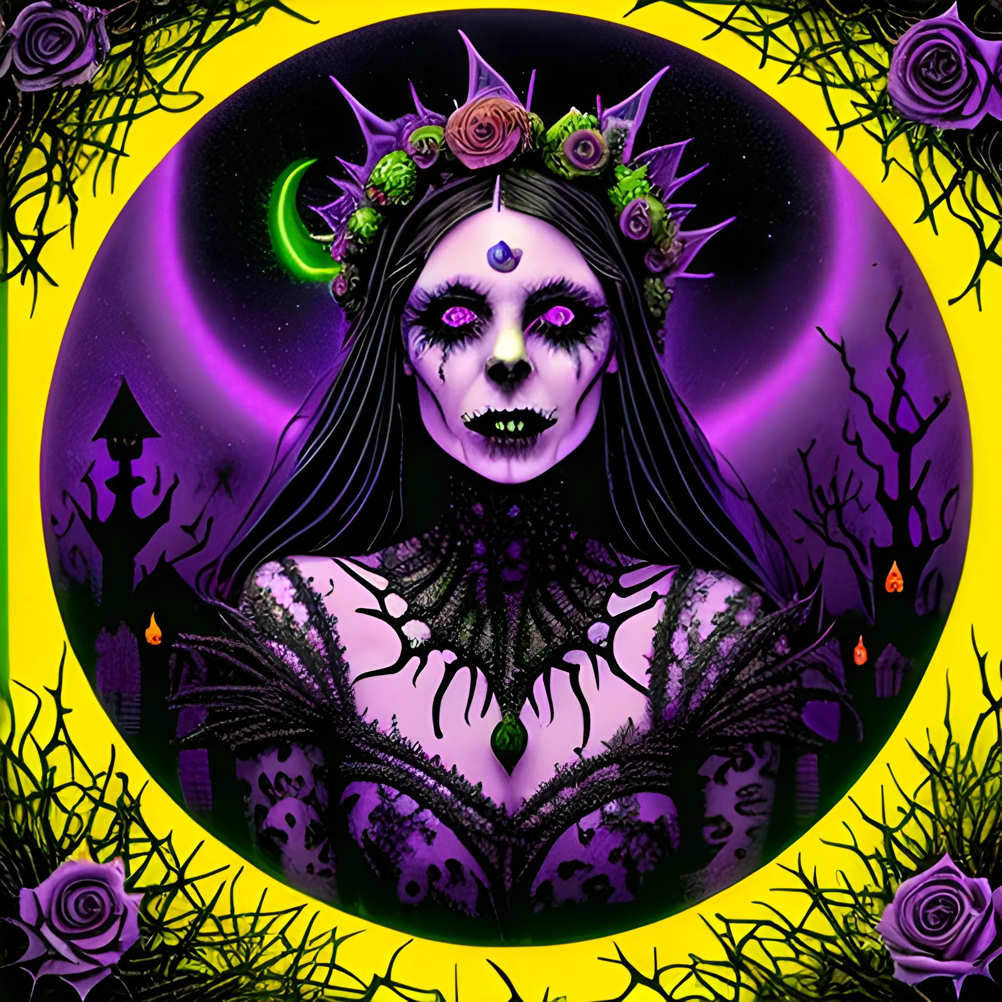 a woman wearing a thorny crown of black roses and weeping black tears, Halloween, bats, full moon in a nebula sky; perfect purple pumpkins, green skulls, orange bats, magic, candles, cobweb, spider, neon spray paint, acrylic paint, fantastical surrealist world, in the style of Stephen Gammell, extremely detailed Zentangle style, sick, gothic, eldritch, glitter, luminous color sparkles, dayglo orange, neon grape purple, chartreuse green, Halloween; Nyx Goddess of the Night with a crescent moon and many stars in the style of Maxfield Parrish, starry night, James R. Eads