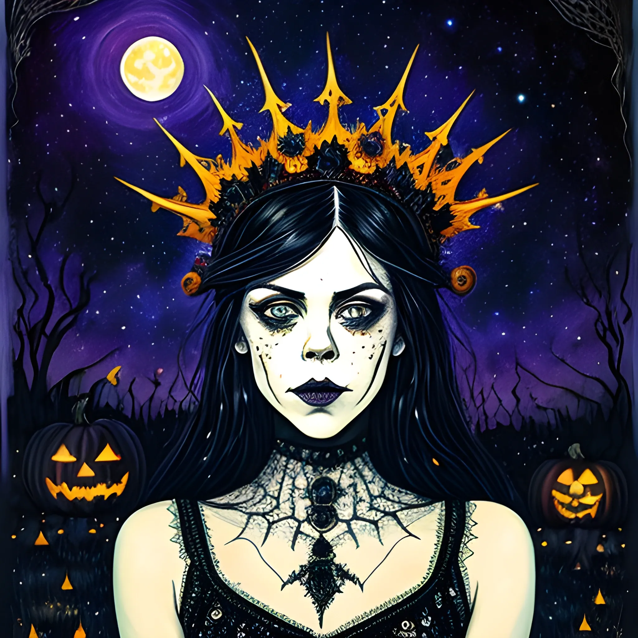 finely detailed eyes, Fairuza Balk as a Halloween Witch with an ornate Halloween themed crown, mixed media, complimentary color, the starry night background, pumpkins, bats, full moon under a nebula sky; in the art style of Kaethe Butcher, Pierre-Auguste Renoir. beautiful lights, luminous color sparkles, glitter, effulgent light